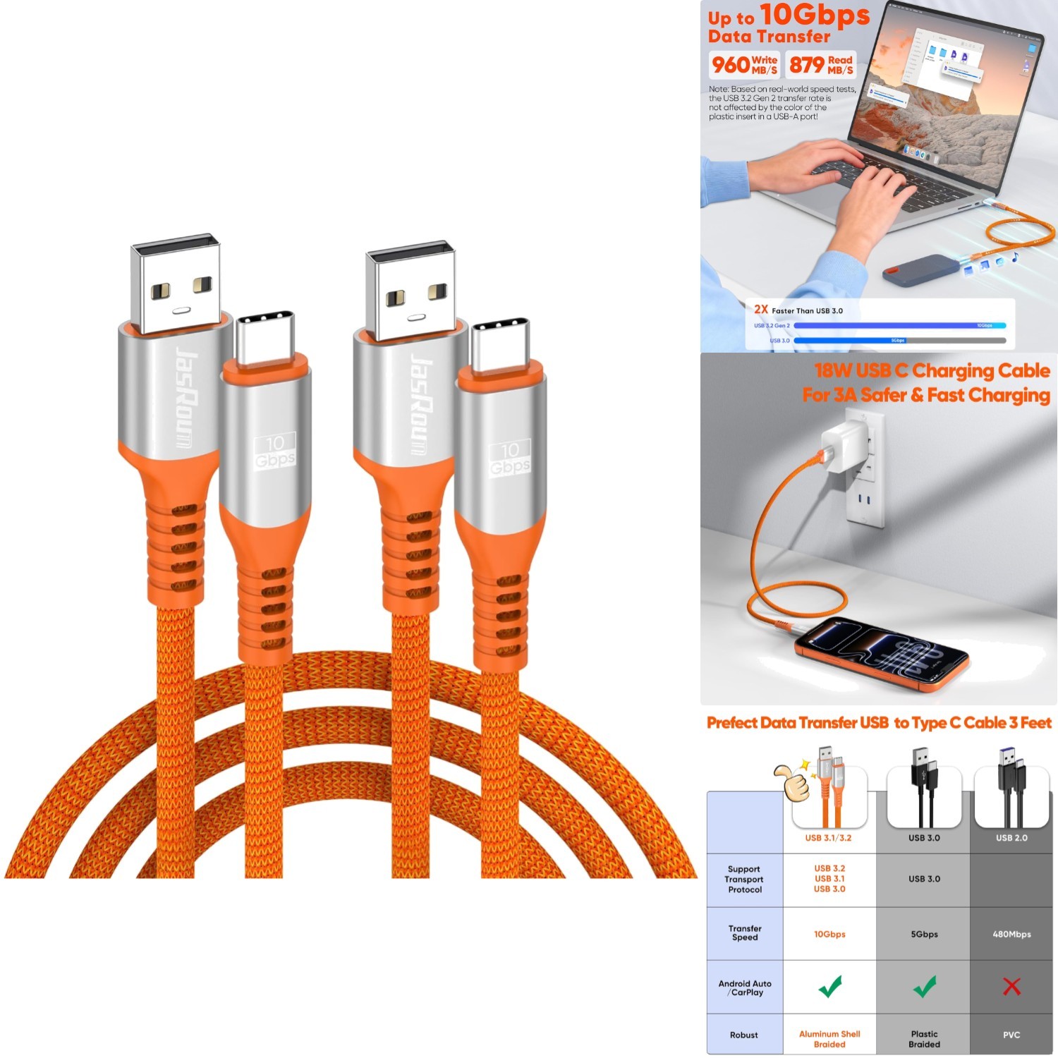 3ft USB A to USB C Data Cable 2Pack 10Gbps Speed 3A Fast Charging Orange Braided
