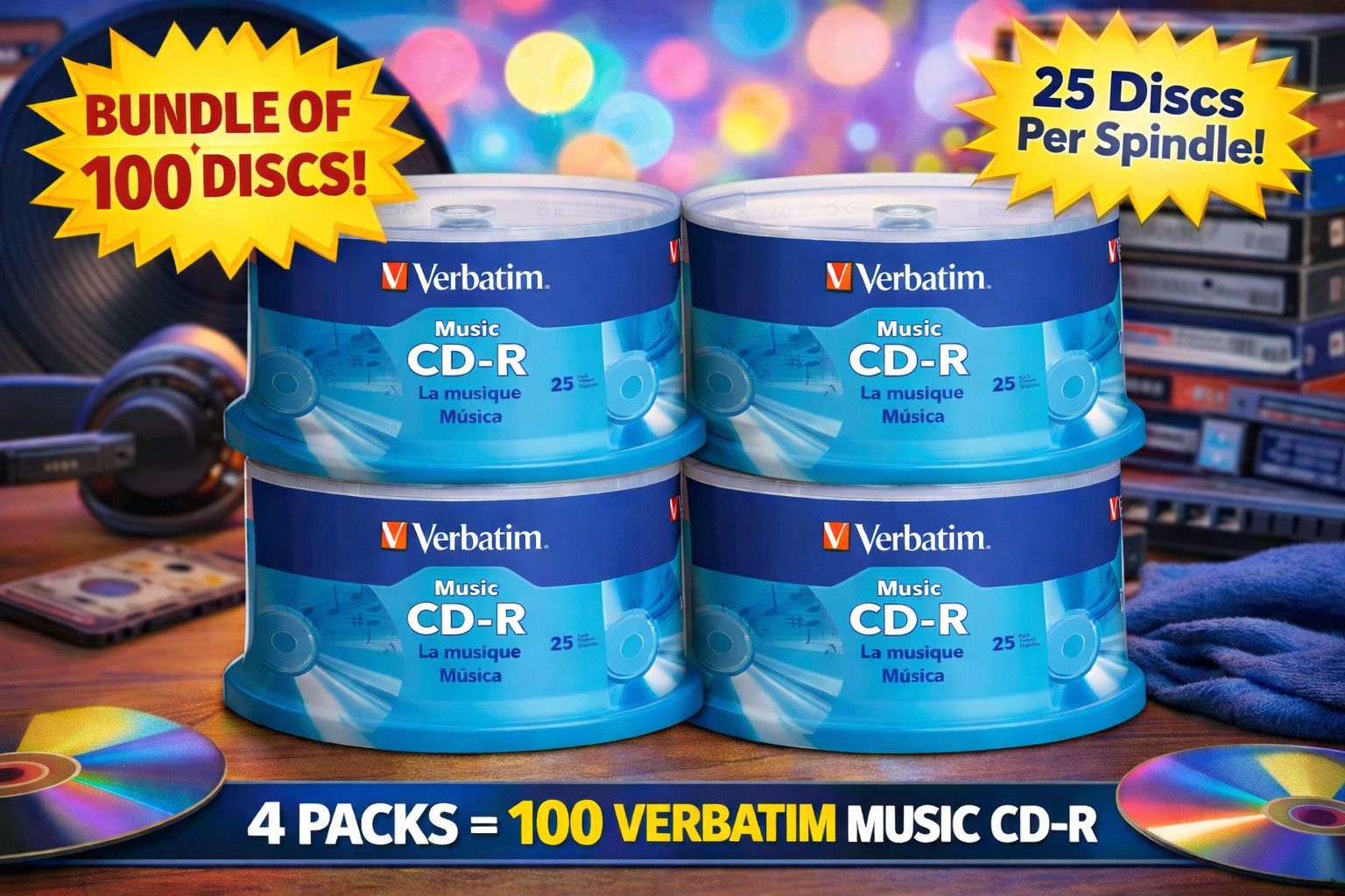 4 x Verbatim Music CD-R 40X 700MB Audio Media Disc 96155 Sealed 25 Ea. 100 Total