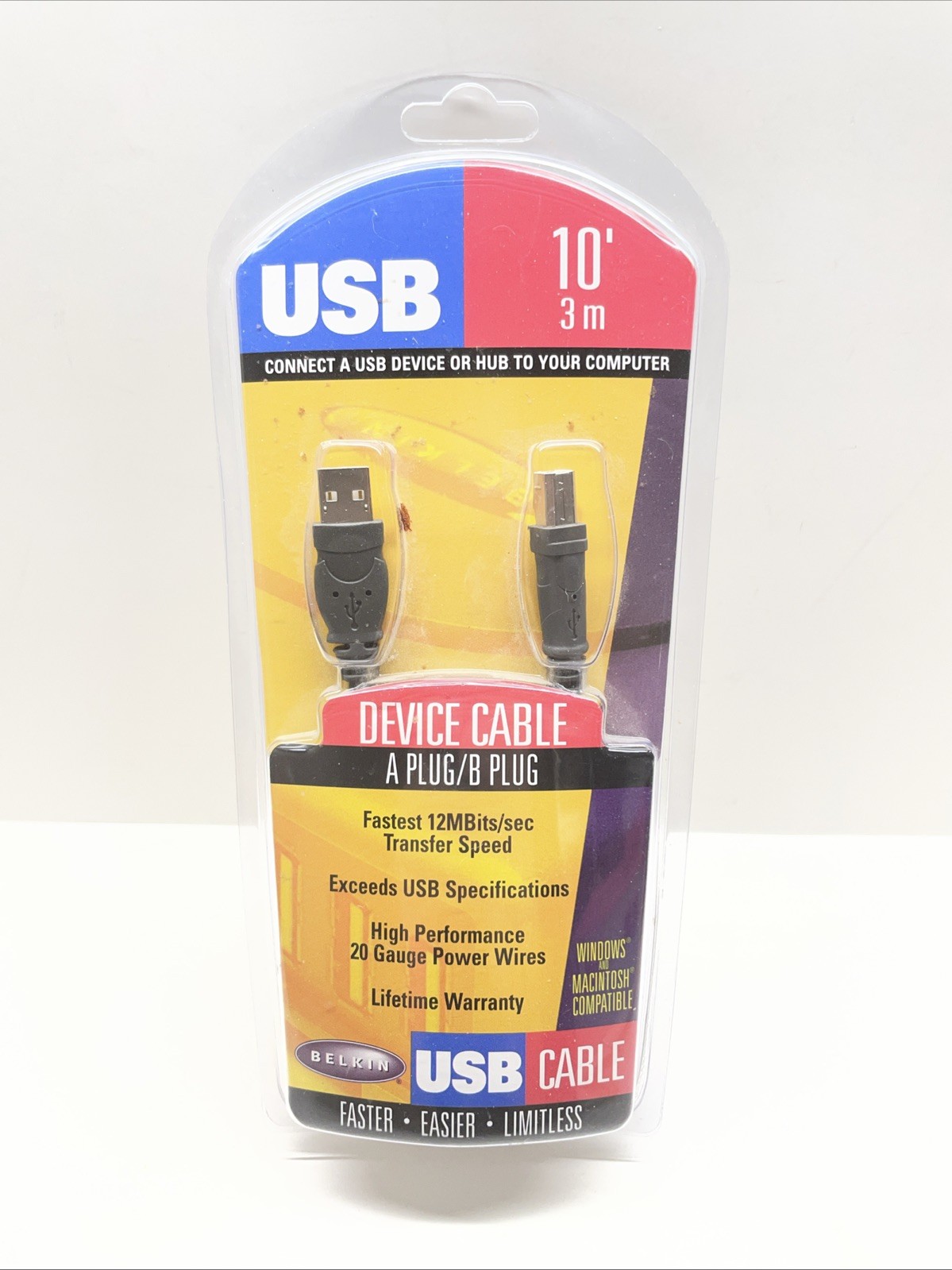 Belkin USB A to B Device Cable 10ft High Speed 12Mbps New Sealed Vintage