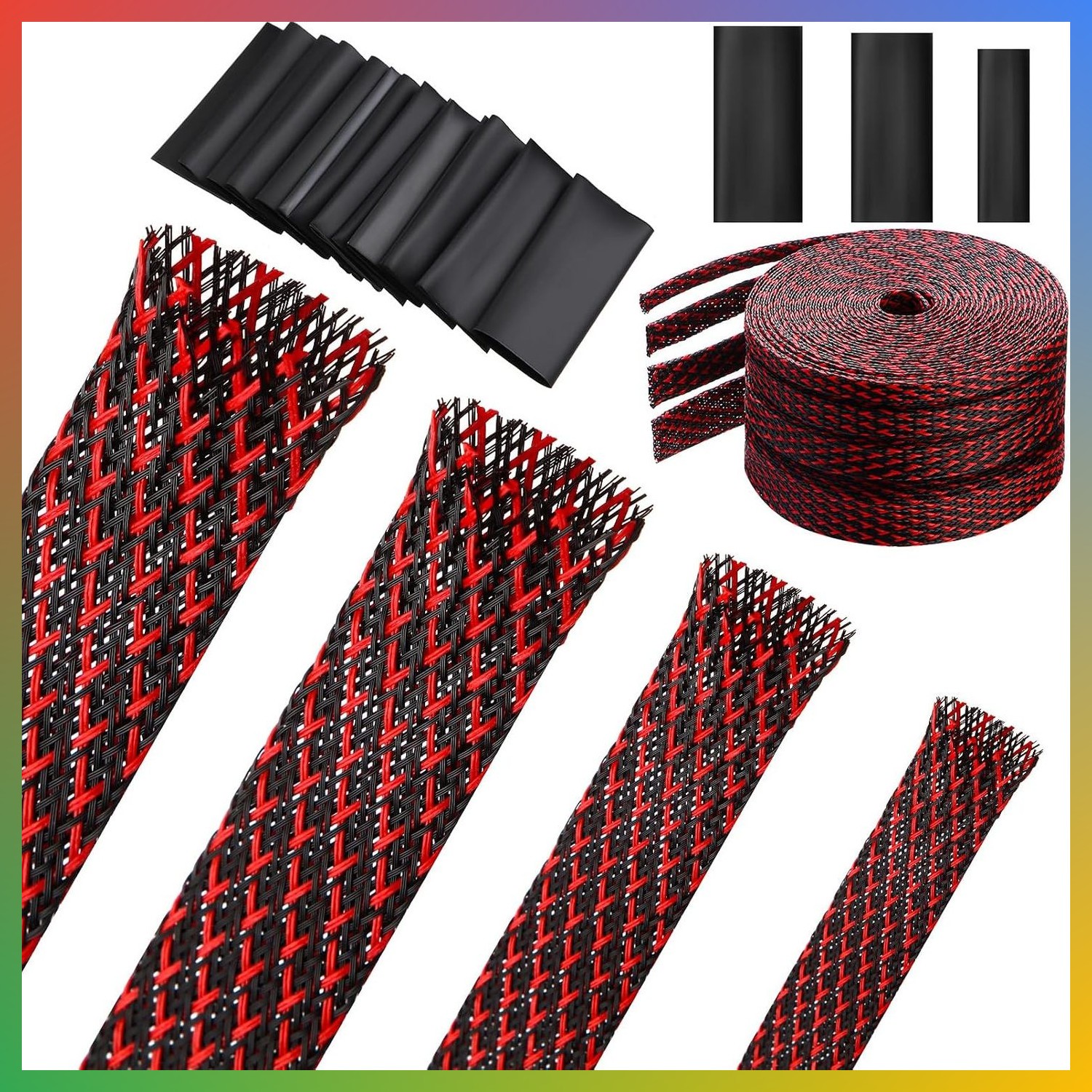 Braided Cable Sleeve 65.6ft Red Black Expandable Wire Loom Protector Cord Manage