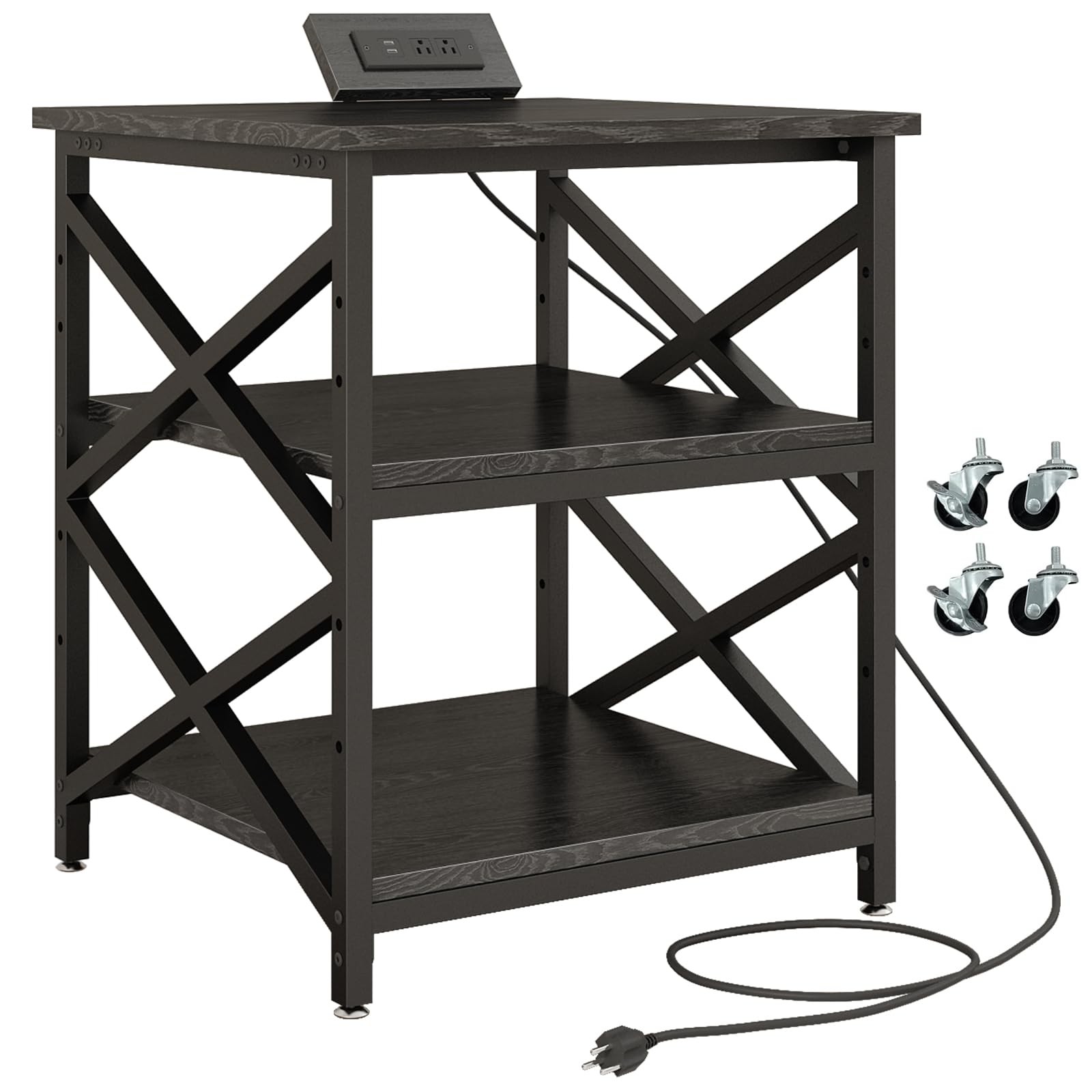 Large Printer Stand with Power Outlet, with Height Adjustable Storage Shelf, ...