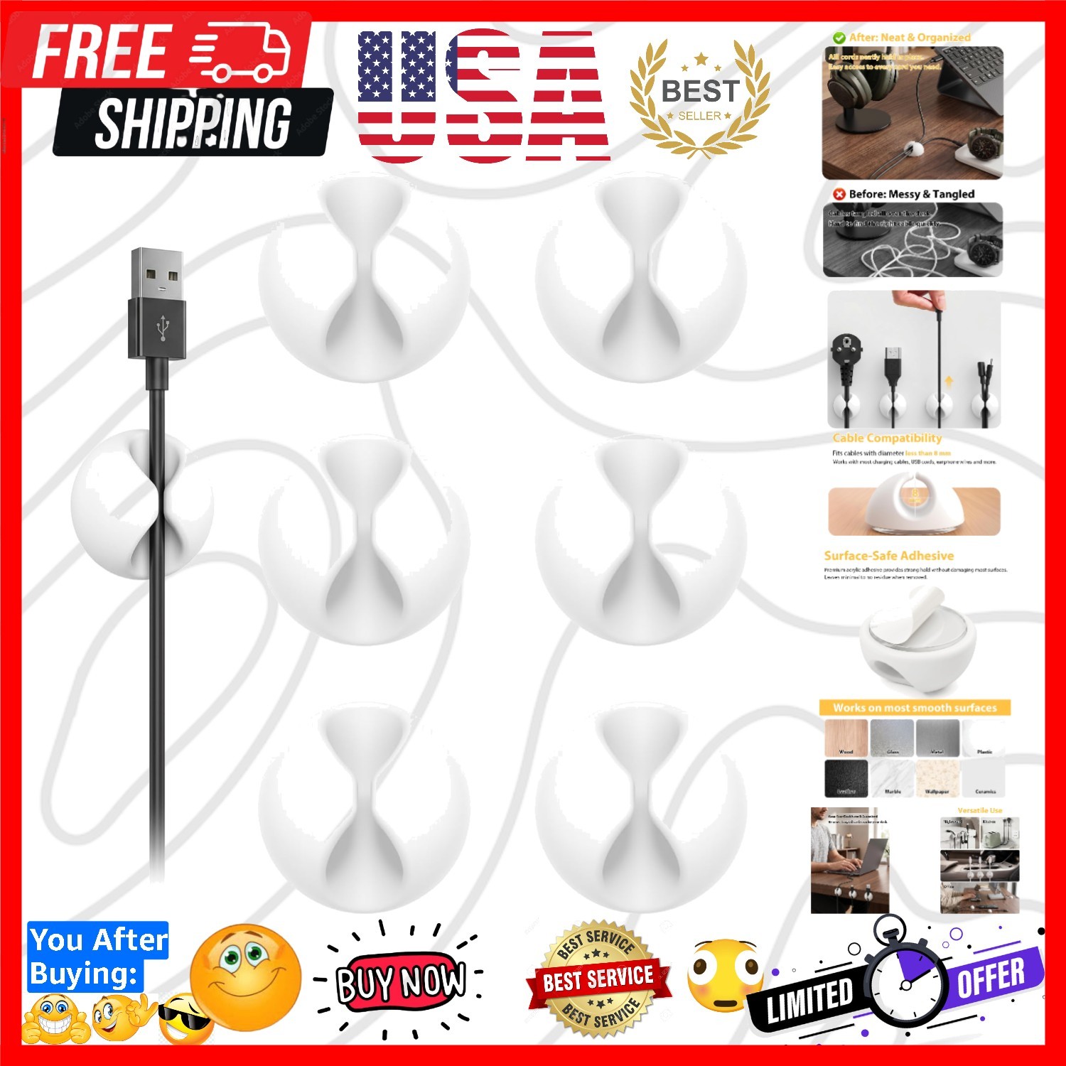 6pcs Cord Holder, Self-Adhesive Cable Clips for Phone Chargers