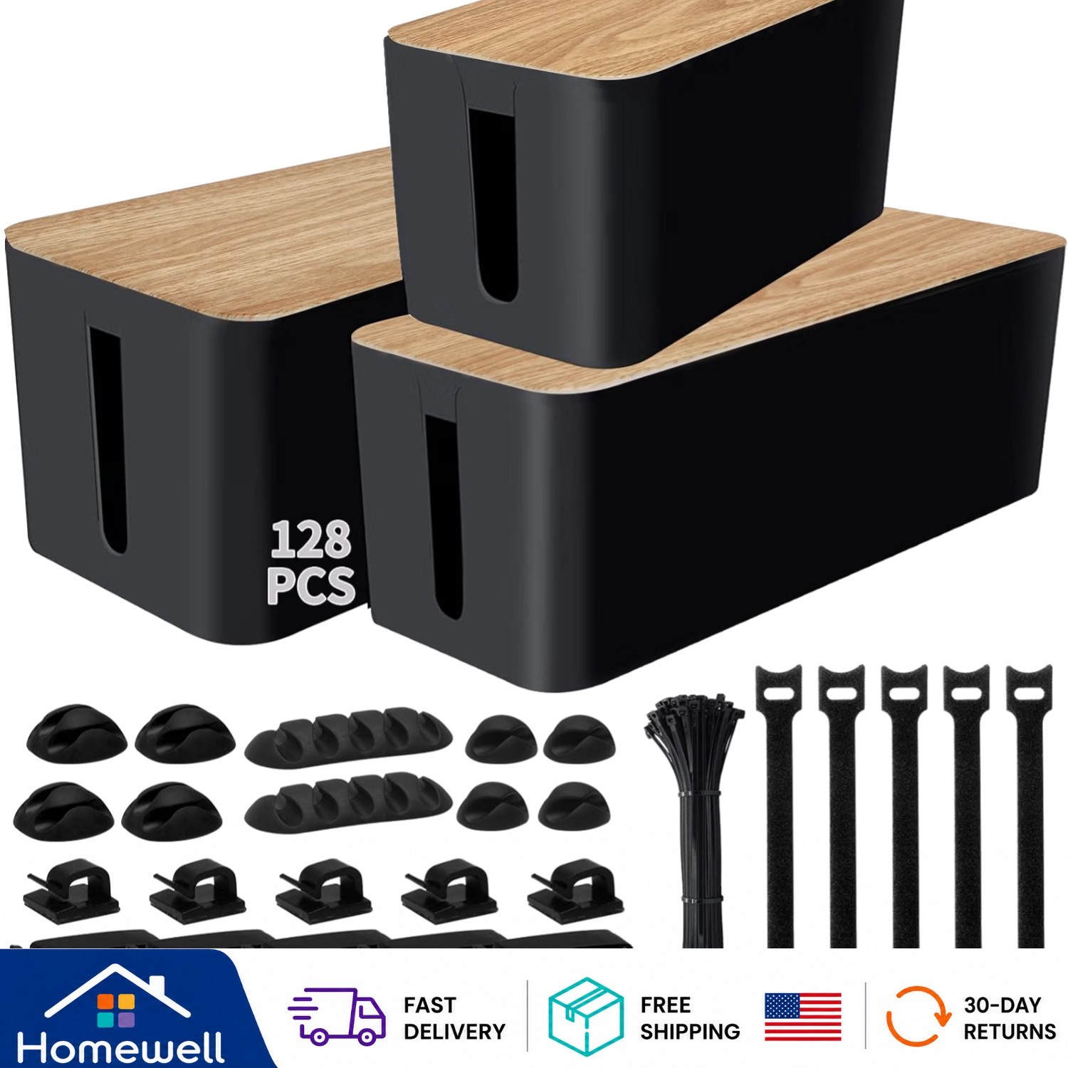 128PCS  Cable Management Kit: 3-Pack Organizer with Ties & Clips, Black