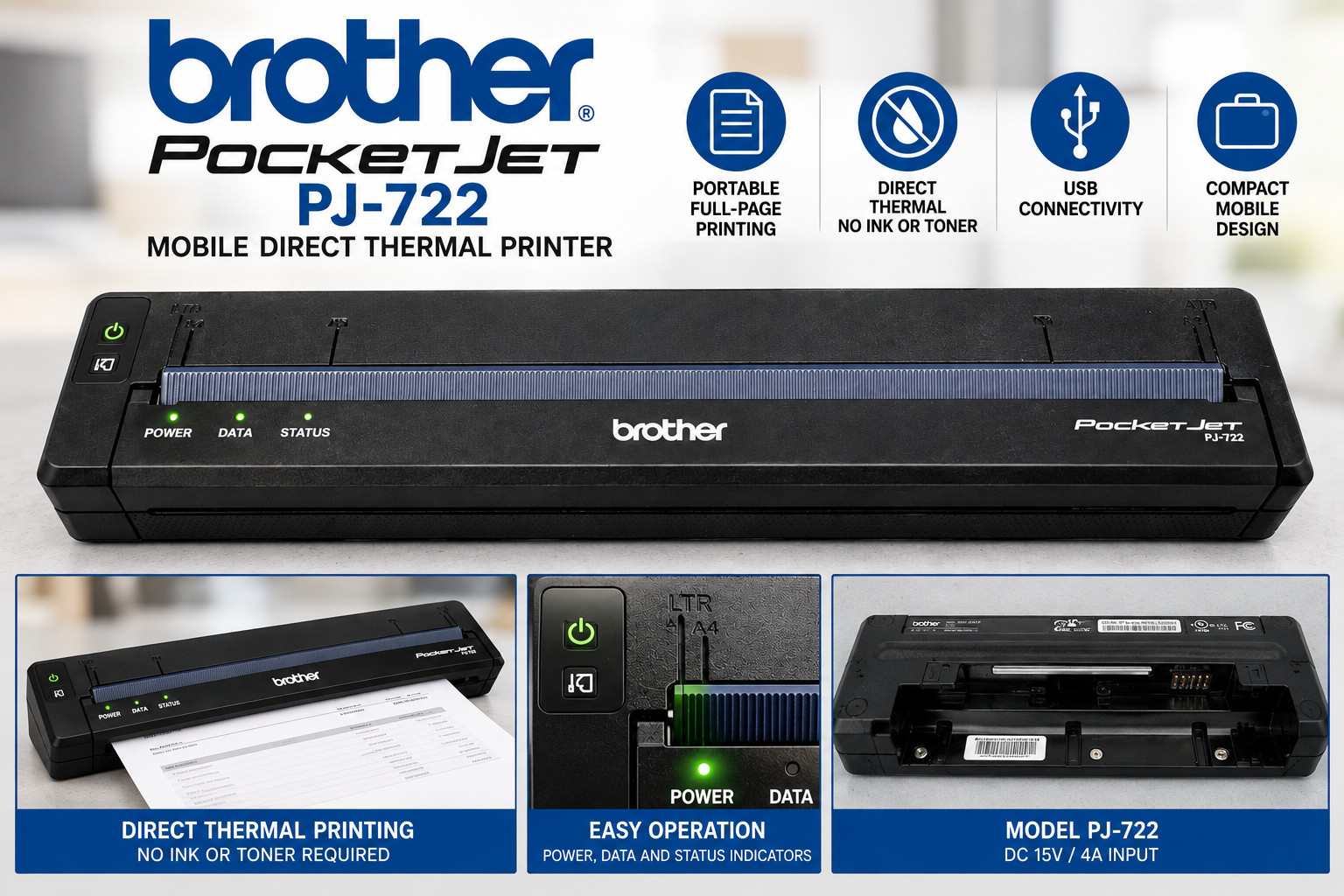 Brother PocketJet 7 PJ-722 Mobile Portable Thermal Label Printer-No Battery