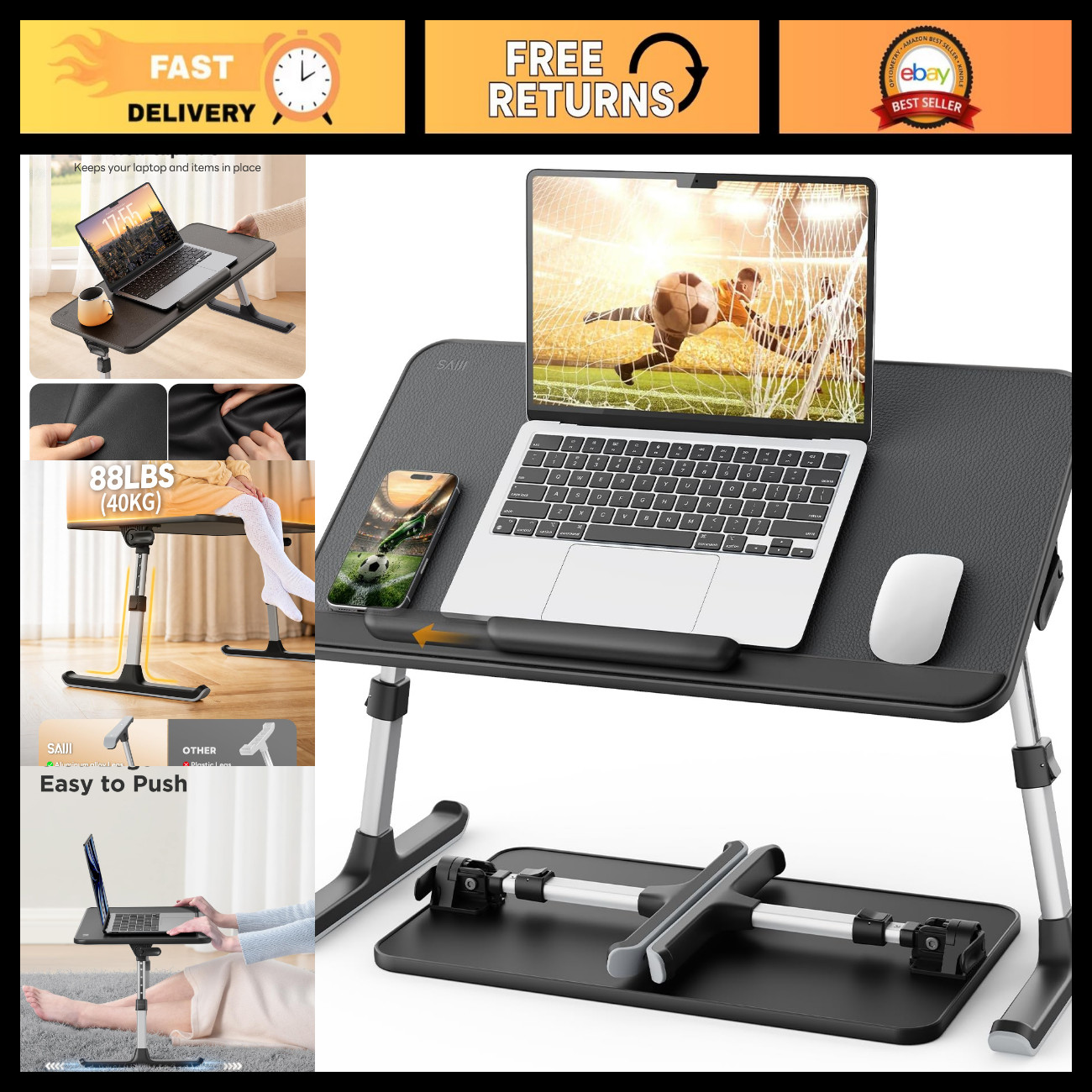 Non-Slip Leather Laptop Bed Tray Table, Lap Desk with Stopper, Portable & Adjust