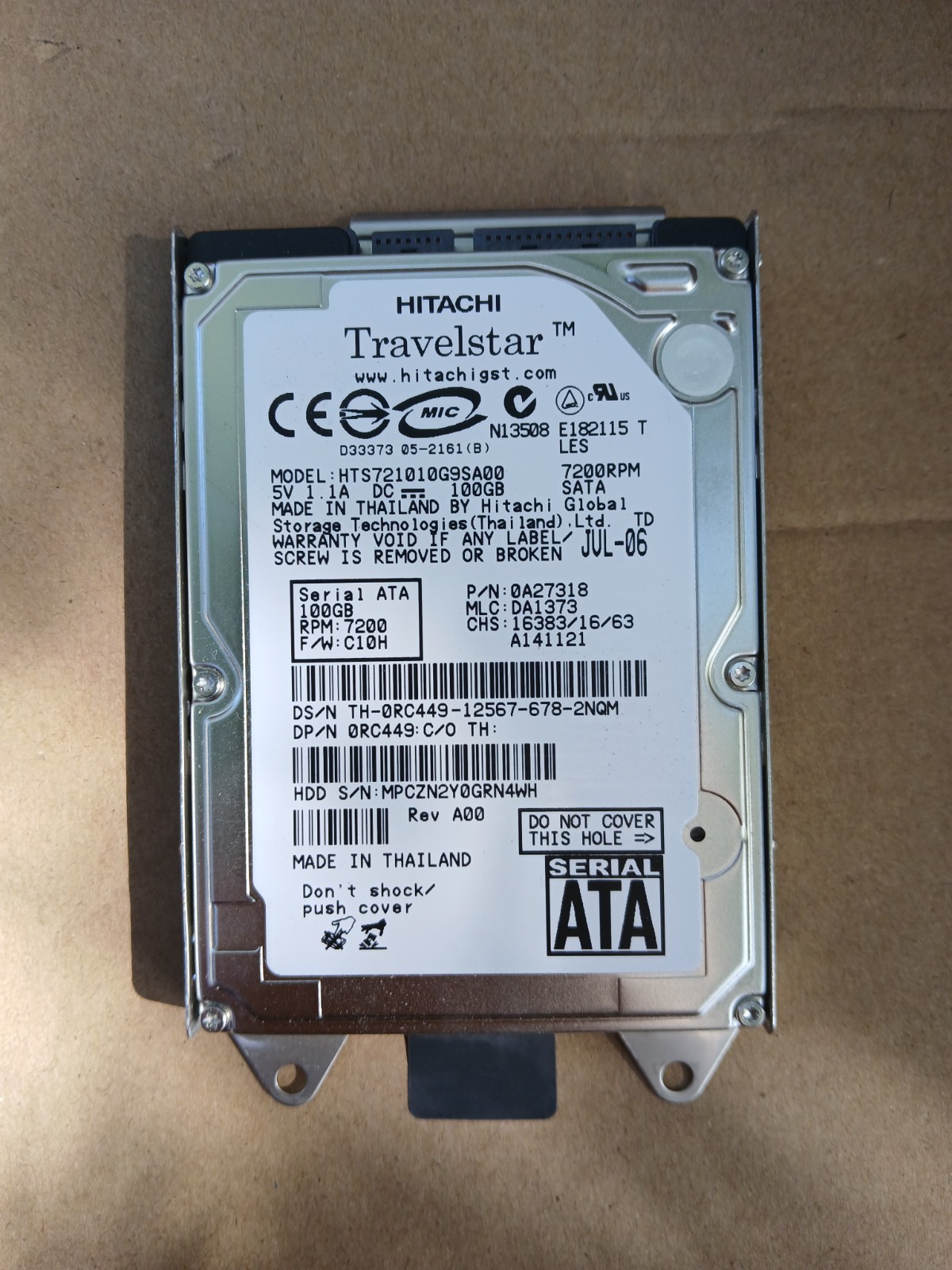 Hitachi Travelstar HTS721010G9SA00 100GB, 7200 RPM, 2.5" PATA Laptop HDD ATA/IDE