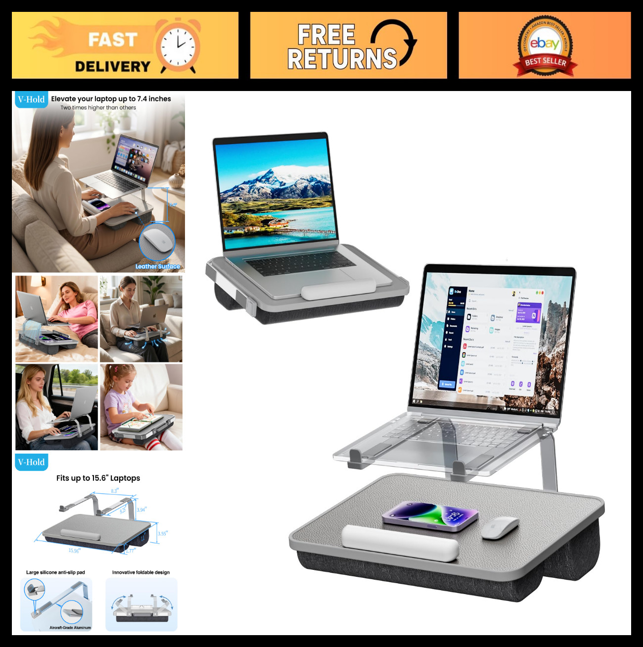 Lightweight Lap Desk with Foldable Stand for Laptops up to 15.6", Pillow Cushion