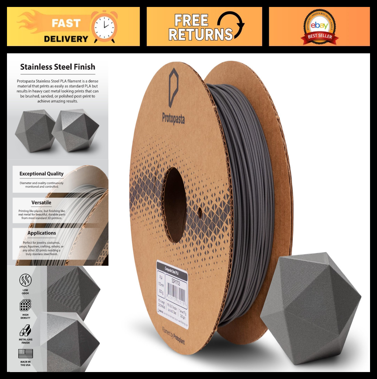 Stainless Steel Filled PLA 3D Printer Filament - Metal Composite, 60% Steel, 500
