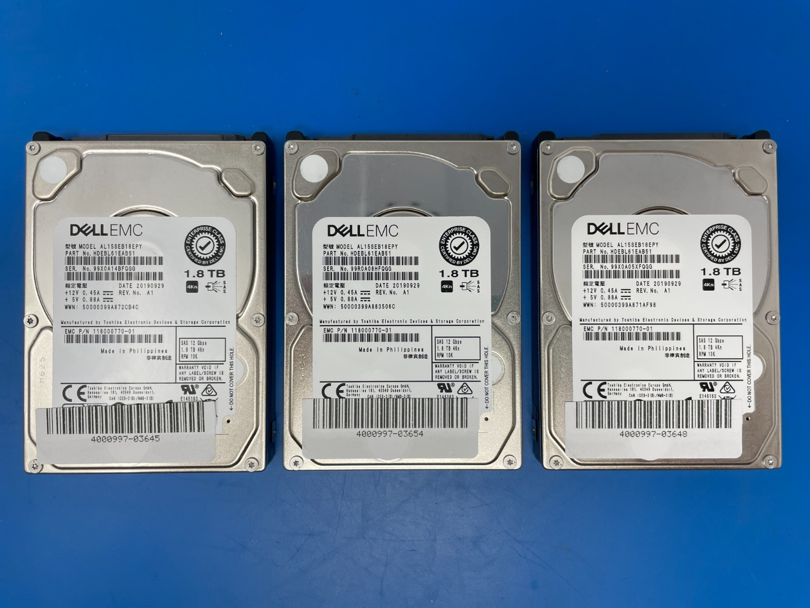 Lot: 3 Dell EMC-brand Toshiba 1.8TB HDD | 10K RPM, SAS 12Gb/s 2.5", AL15SEB18EPY
