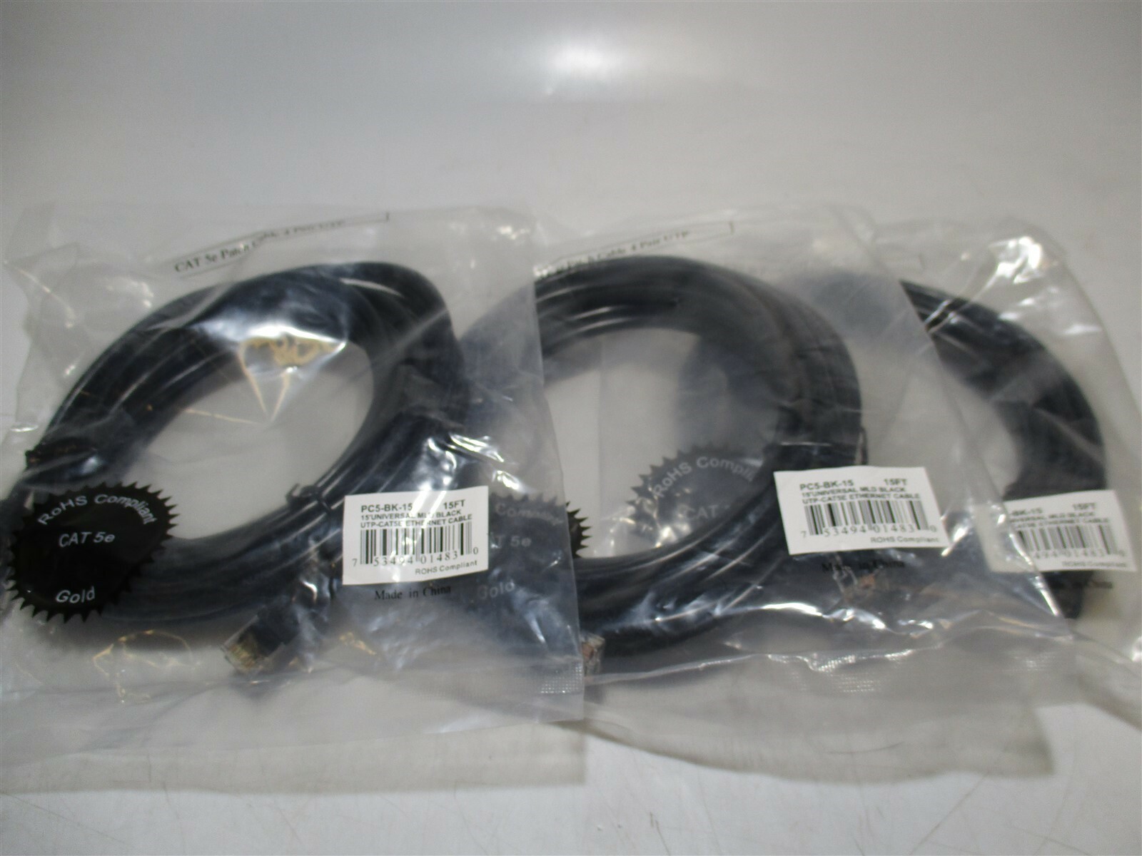Inland (PC5-BK-15) Black 15ft. CAT5e UTP Ethernet Network Patch Cord - Lot of 3