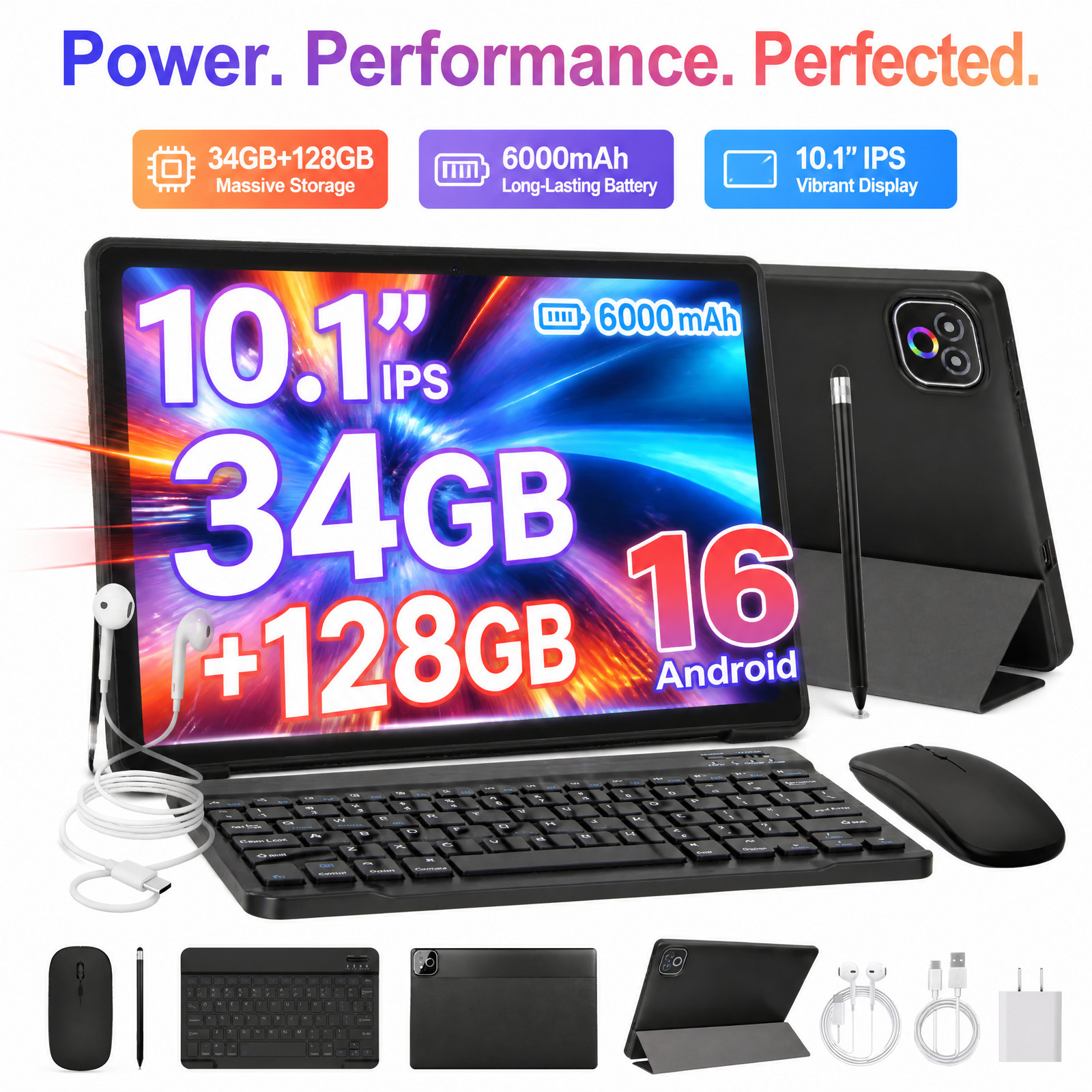 2026 New Tablet Bundle Android 16 Wifi Tab 10.1" IPS 128GB With Keyboard Case