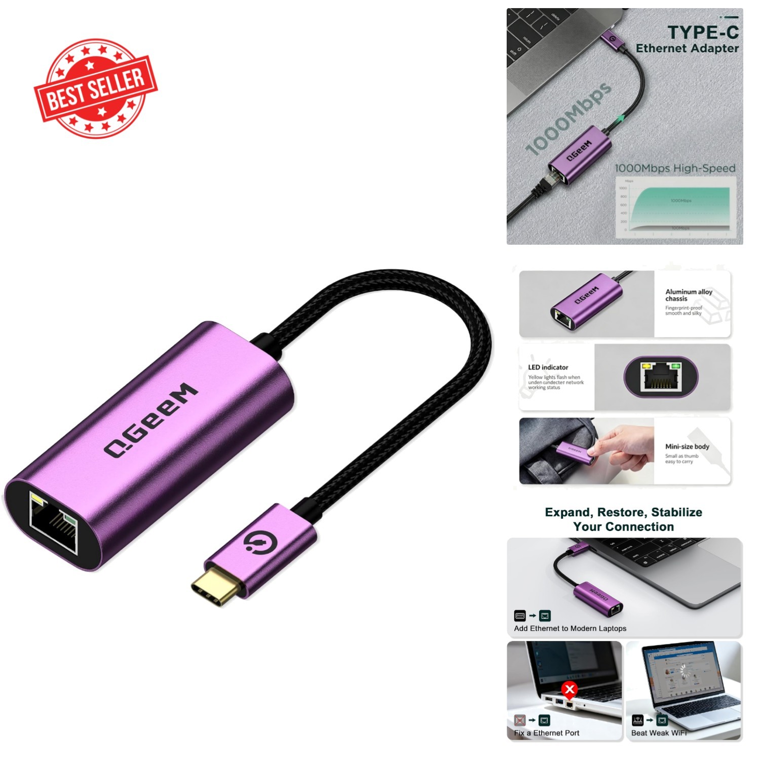 Reliable USB C to Ethernet Adapter 1000Mbps - Compatible with iPhone and Laptop