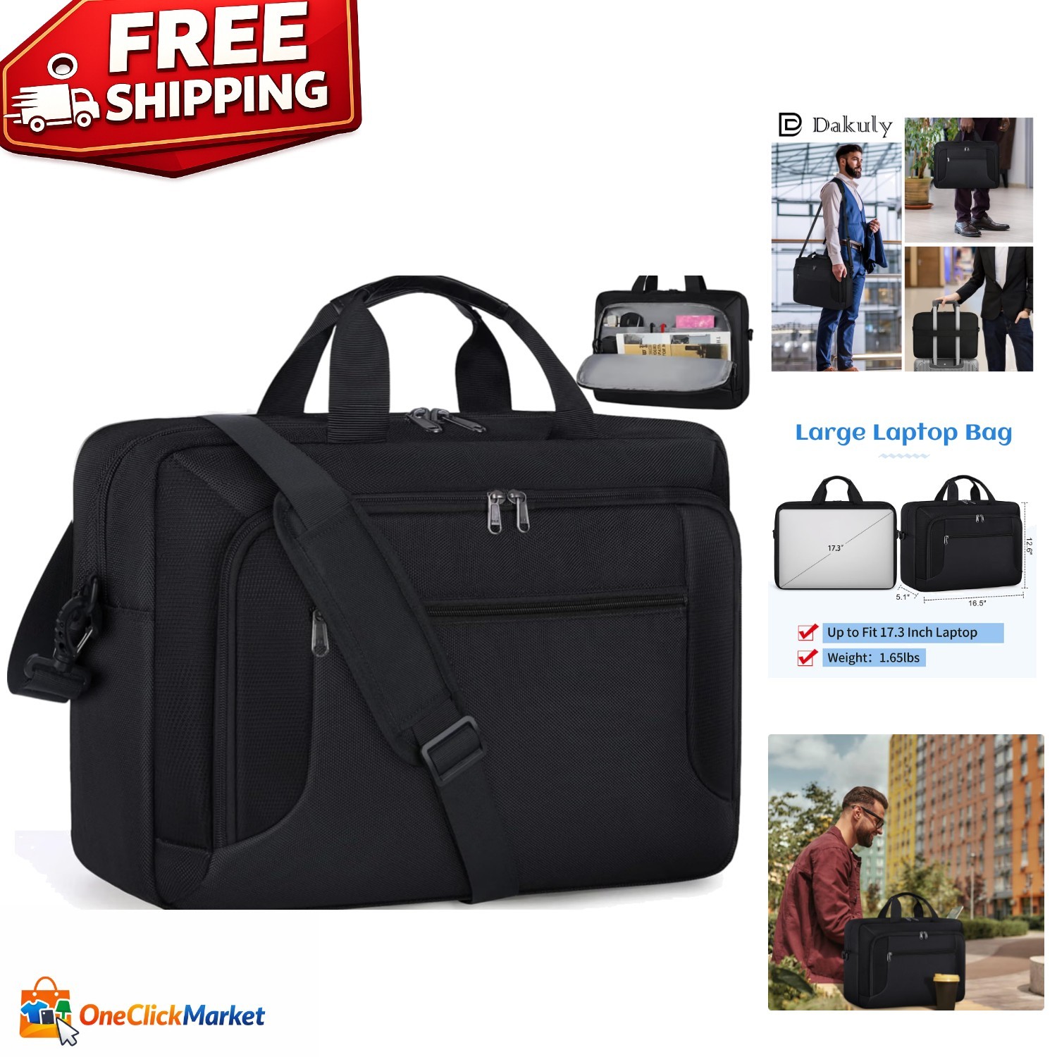 Adjustable 17.3 Inch Laptop Briefcase: Stylish Black Computer Bag for Work