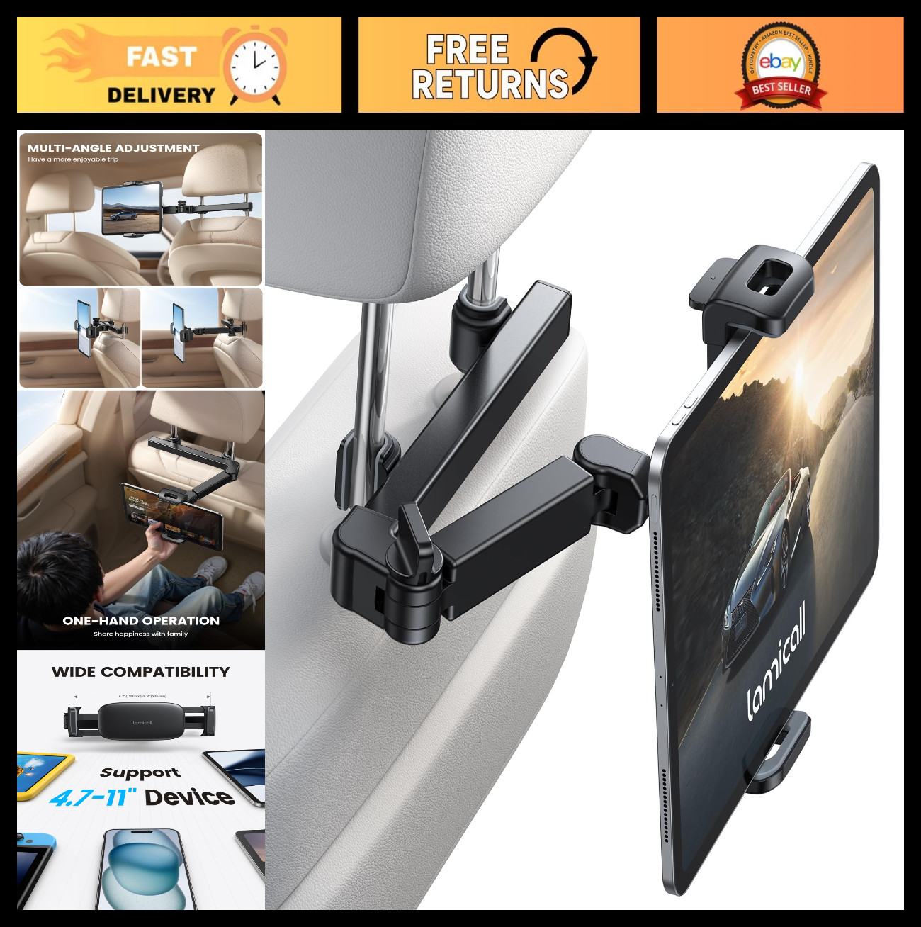 Adjustable Car Headrest Tablet Holder, 3-in-1 Universal Mount, Extension Arm