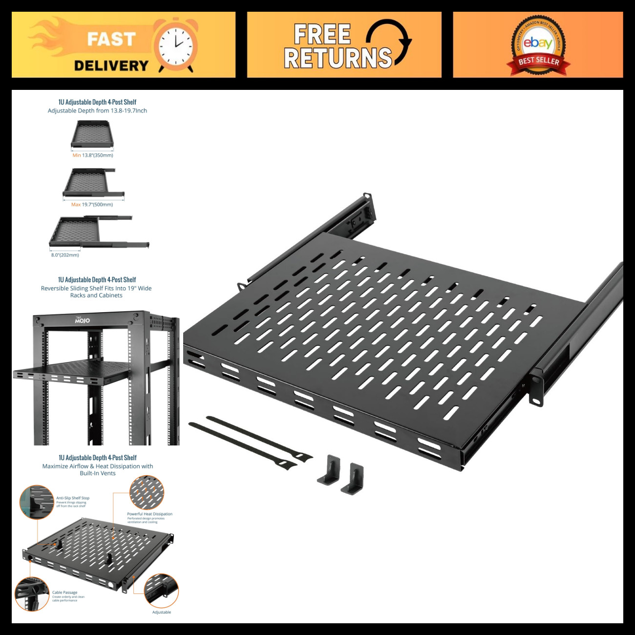 Vented 1U Sliding Rack Shelf for 19" AV/Network Equipment, Adjustable Depth, 110
