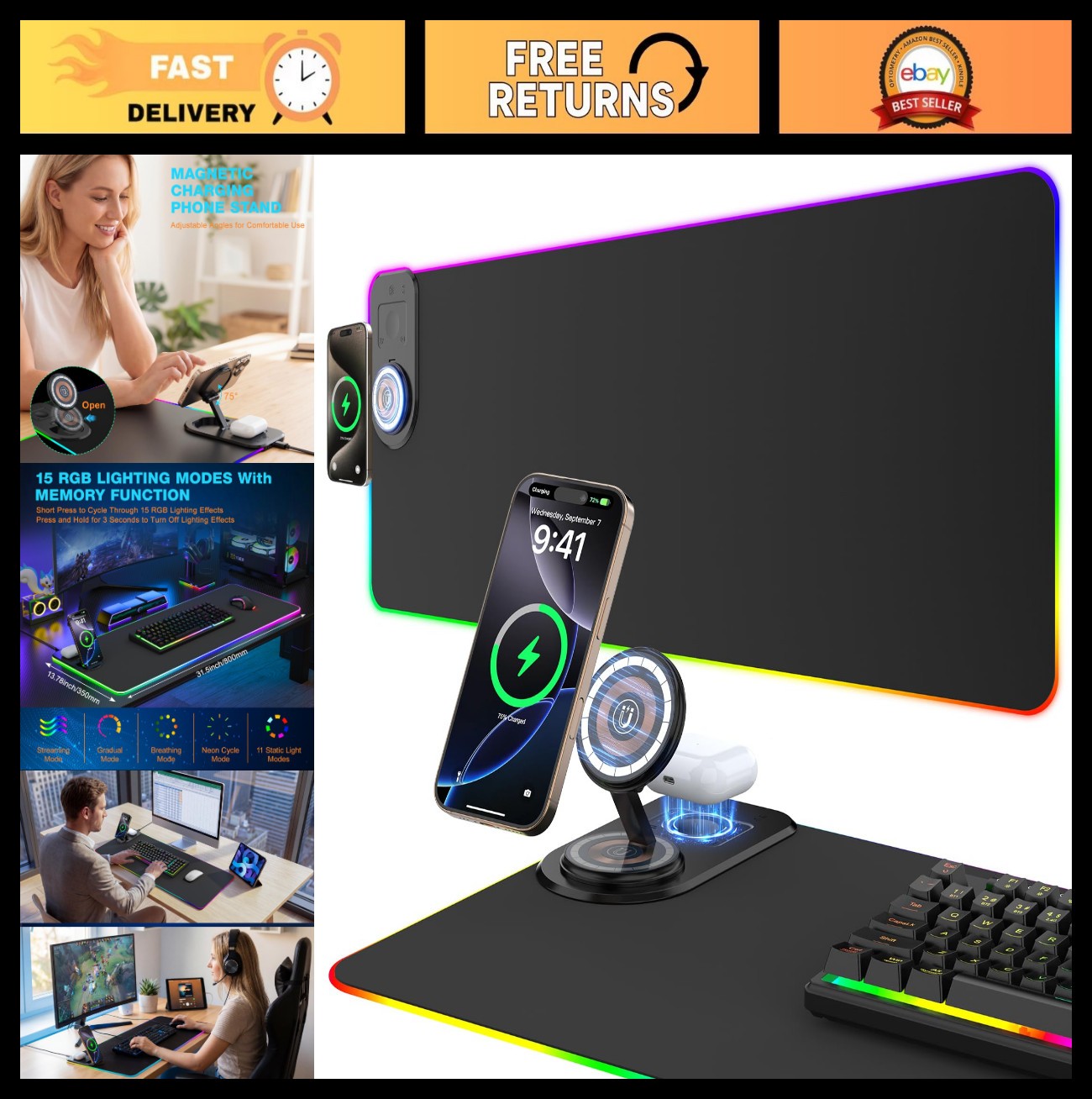 Wireless Charging Gaming Mouse Pad - RGB Extended Desk Mat with Magnetic Phone S