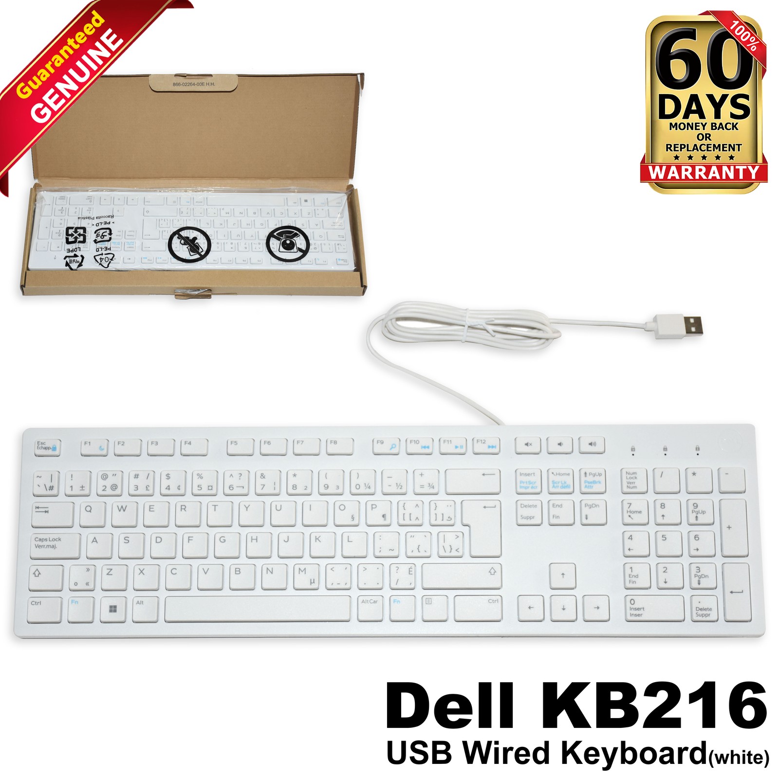 Dell KB216 White QWERTY French-Can Chiclet Multimedia USB Wired Keyboard 1PJRJ