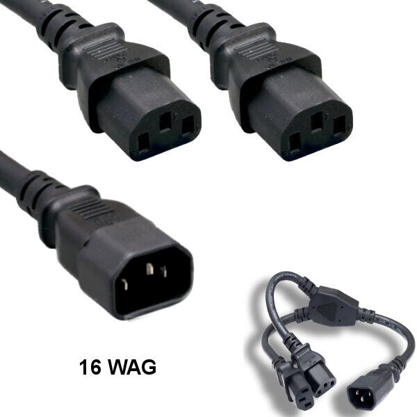 1FT,3FT,6FT AC Power Extension Cable Y Splitter Cord IEC320 C14/ 2x C13 16AWG UL
