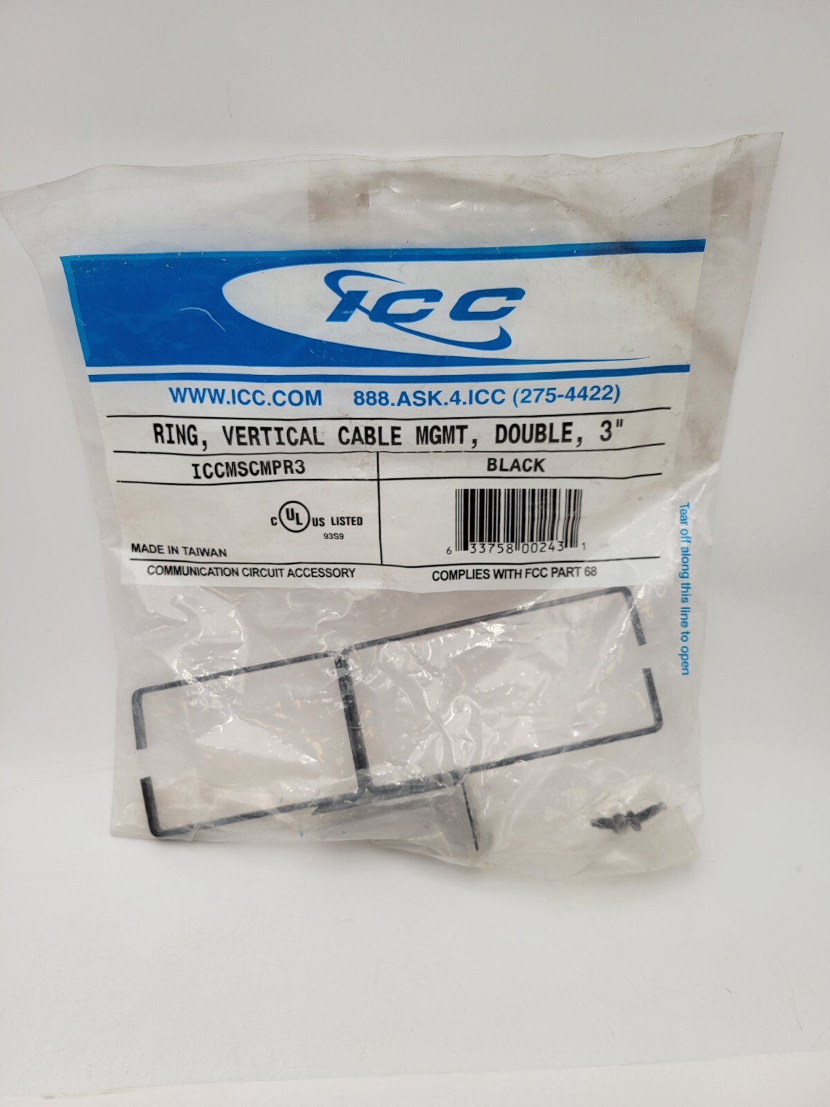 ICC ICCMS CPR3 3" Double Vertical Cable Management Ring Black #12 Screw