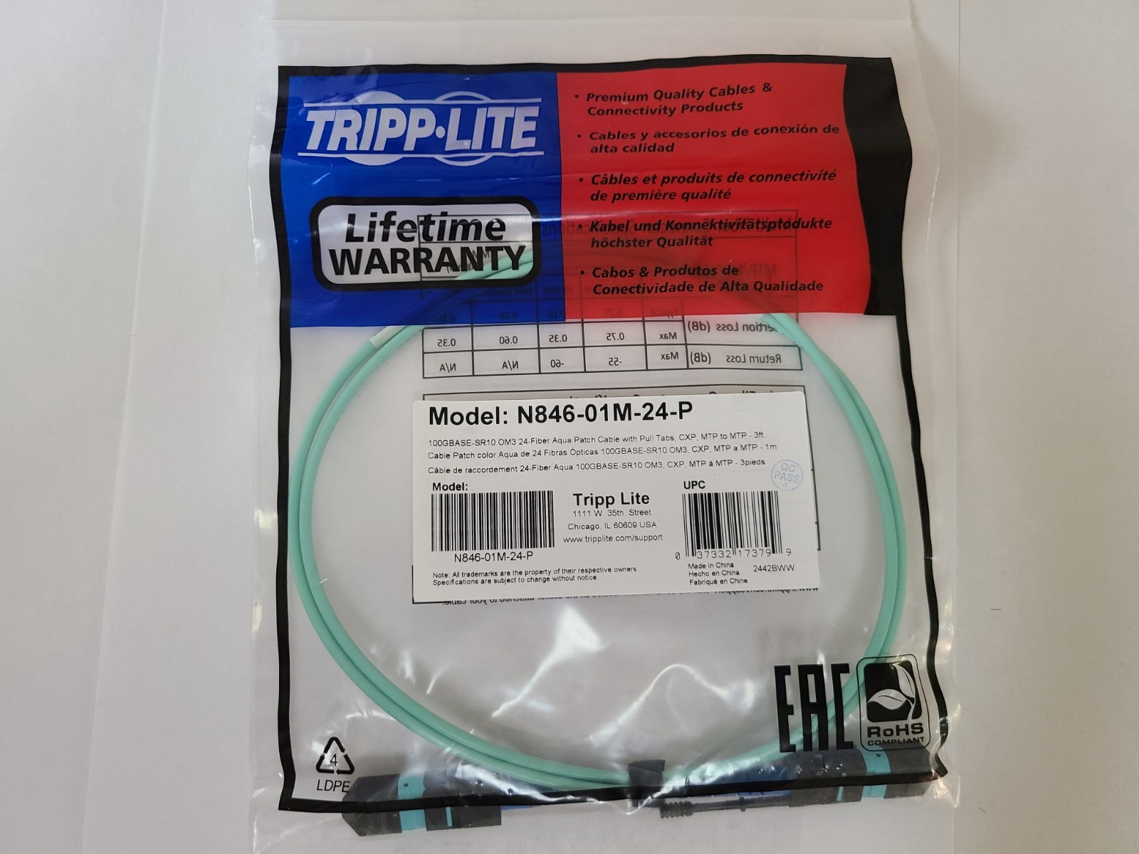 MTP-MTP OM3 Fiber Patch Cable - 3ft (Tripp Lite N846-01M-24-P)