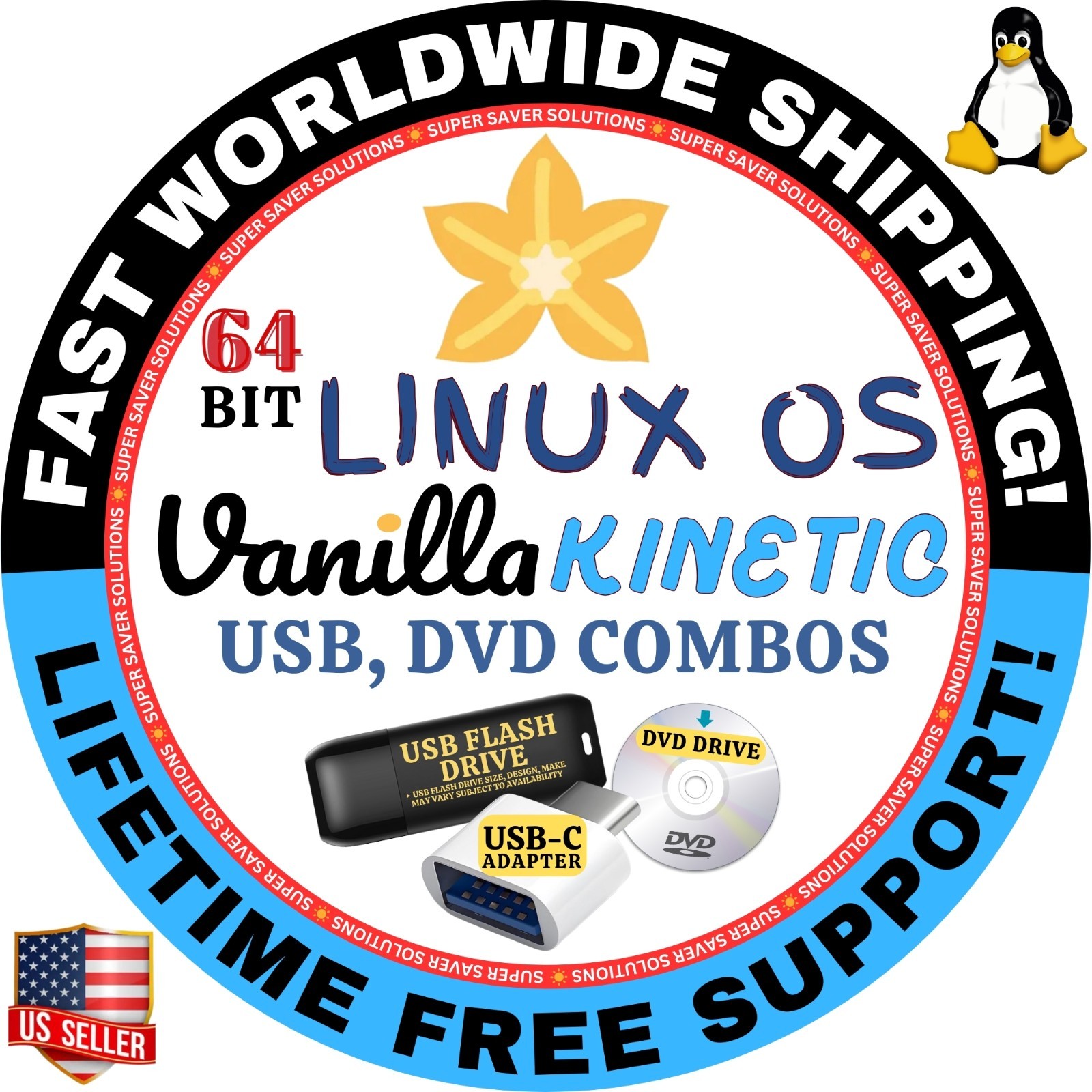 VANILLA LINUX OS KINETIC-1 ORCHID-2 64-BIT USB/DVD, LIVE BOOT, FULL | MACs, PCs