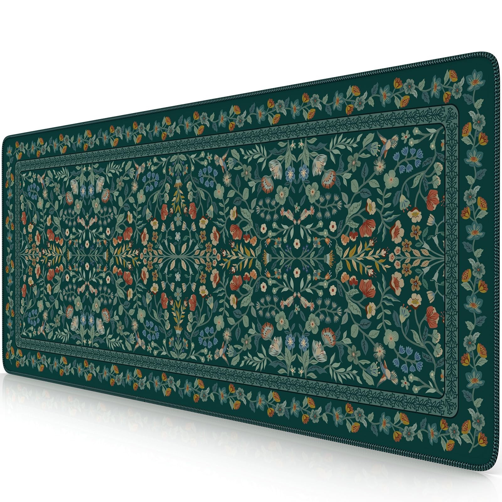 Deep Green Aesthetic Floral Desk Mat Retro Keyboard Mouse Pad 31.5x11.8 Inch