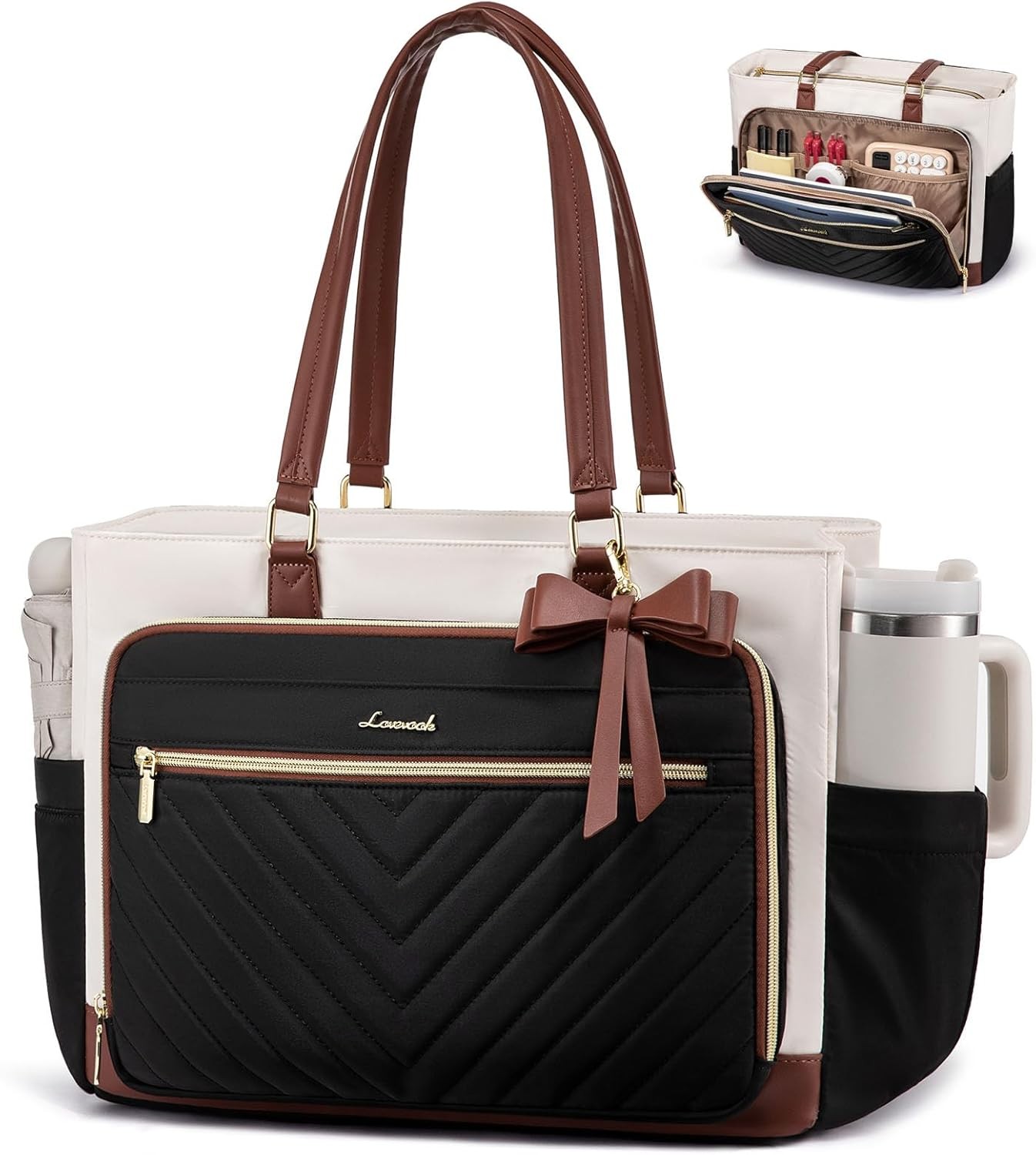 LOVEVOOK Teacher Tote Bag for Women, Work Bags 15.6 inch, Beige-black-brown 