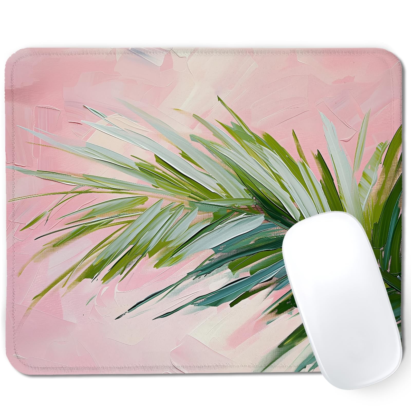 Pink Green Tropical Palm Leaf Mouse Pad for Desk, 9.5x7.9 Inch