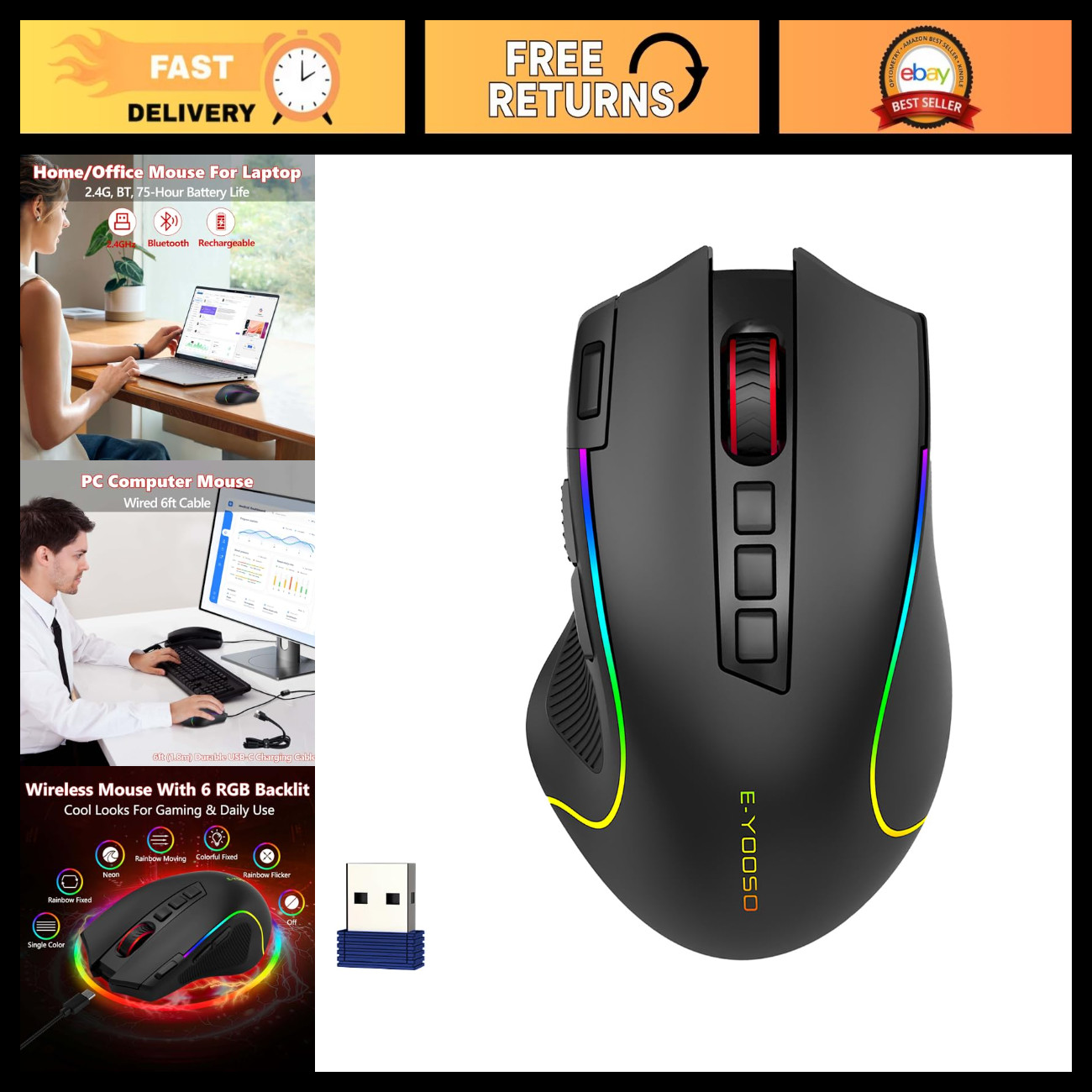 Versatile Wireless Bluetooth Mouse, 8000 DPI, 6 RGB Backlit Colors, Ergonomic De
