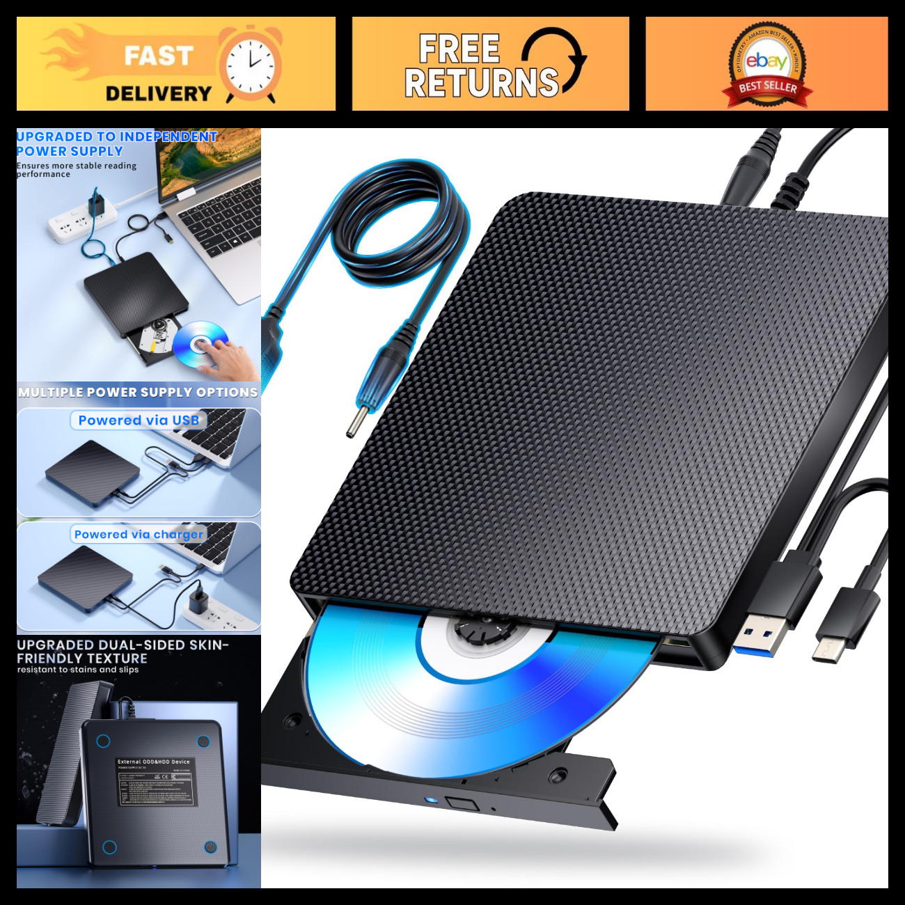Dainty External Blu-ray Drive, USB 3.0 & Type-C, CD/DVD Burner for PC/Mac