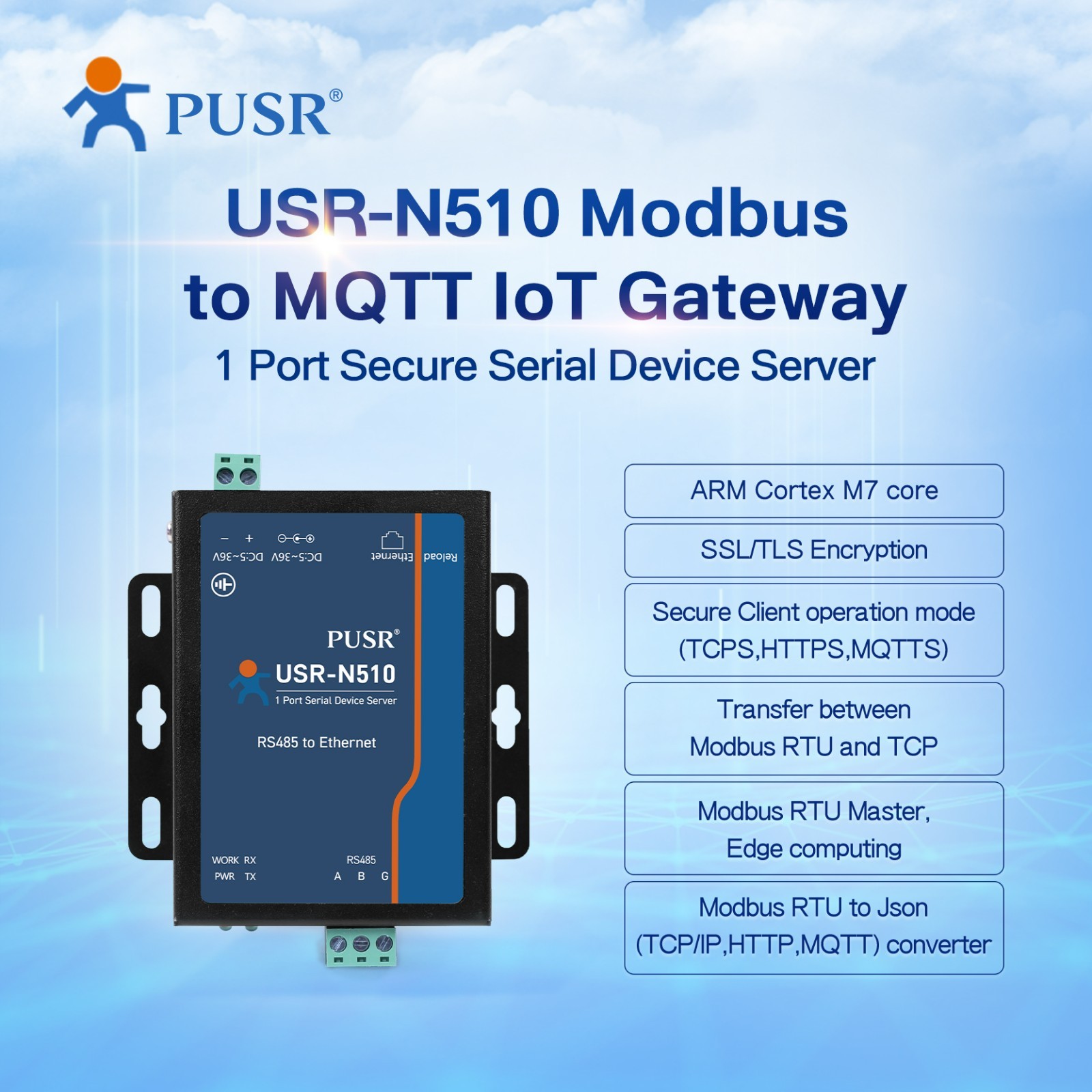 PUSR Edge computing 1 Port RS485 to Ethernet Modbus TCP to RTU MQTT/SSL USR-N510