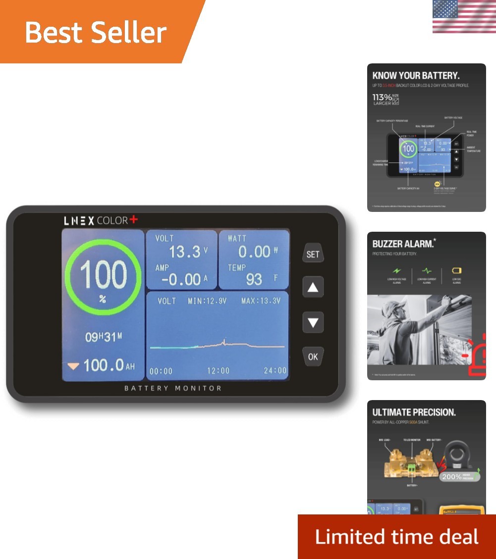 500A Battery Monitor with Shunt, 3.5" Color Screen RV Monitor with 16ft Cable...
