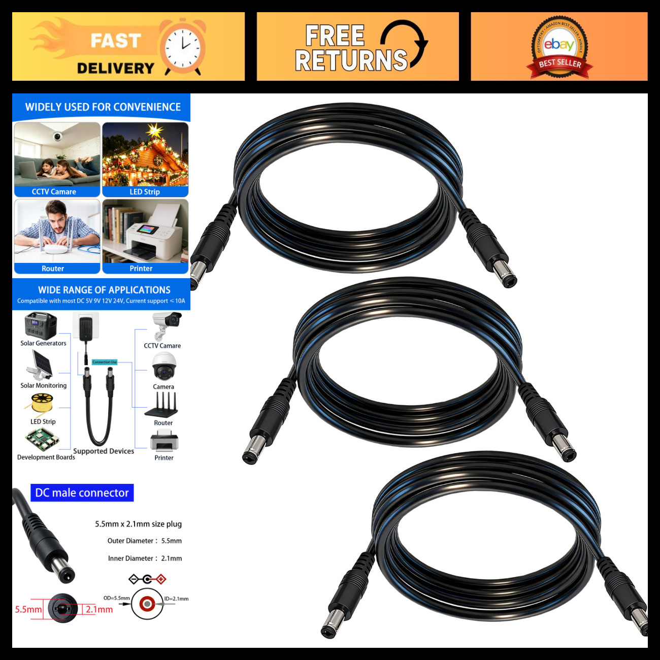 5.5mm x 2.1mm DC Power Cable - 3-Pack, 9.8FT Length, Universal Connector