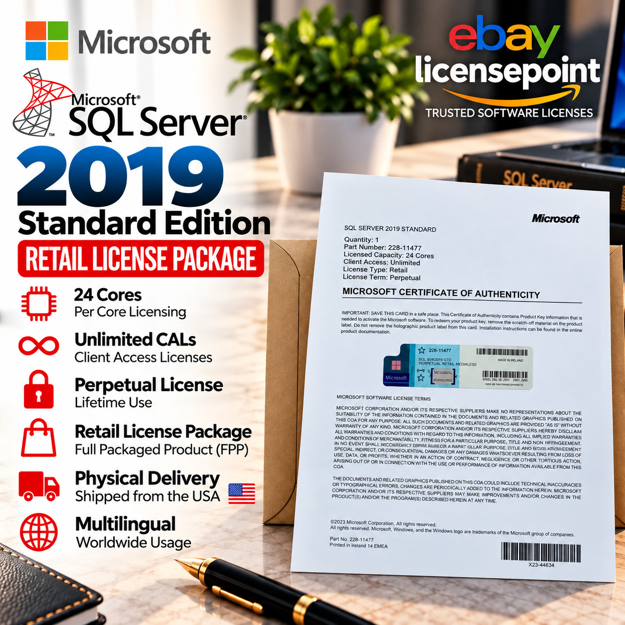 SQL Server 2019 Standard Microsoft 24 Core Unlimited CAL Retail License FPP