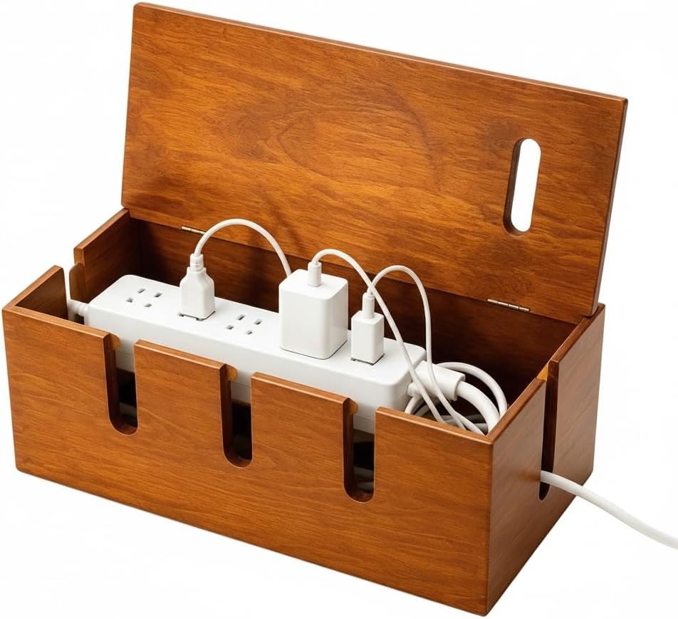 Large Cable Management Box, Wooden Cord Hider & Organizer, Office Under Desk...