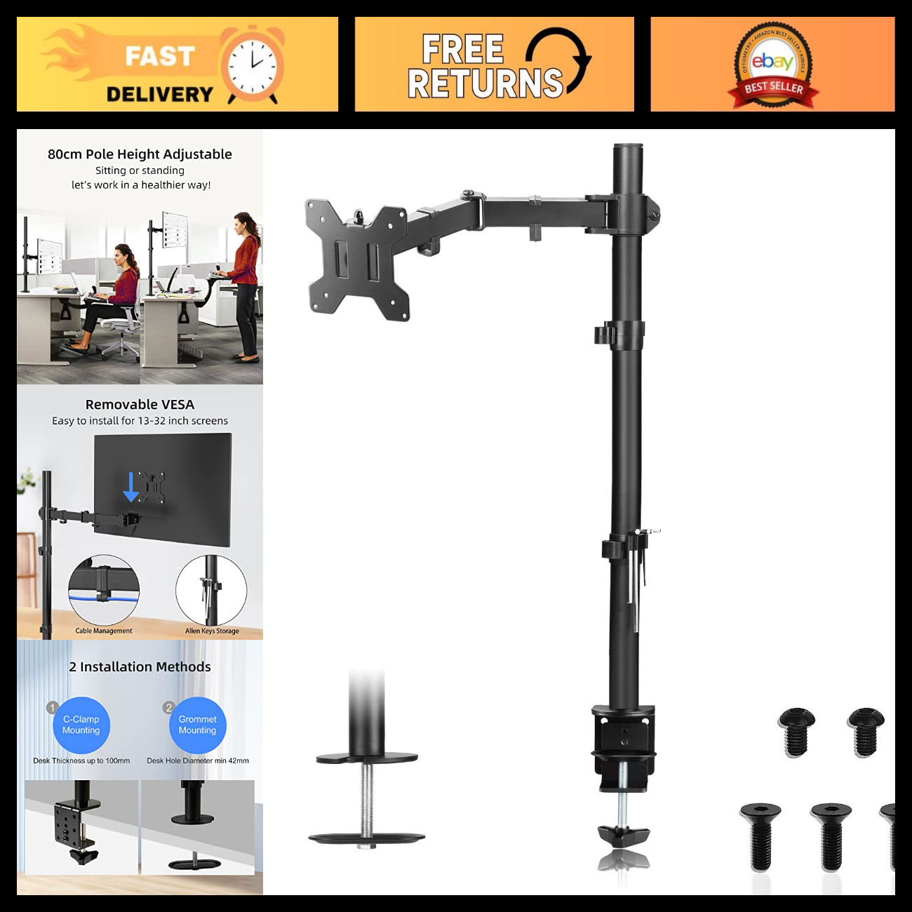 Fully Adjustable Single Monitor Arm Desk Mount for 32" Screen - Extra Tall 31.5"