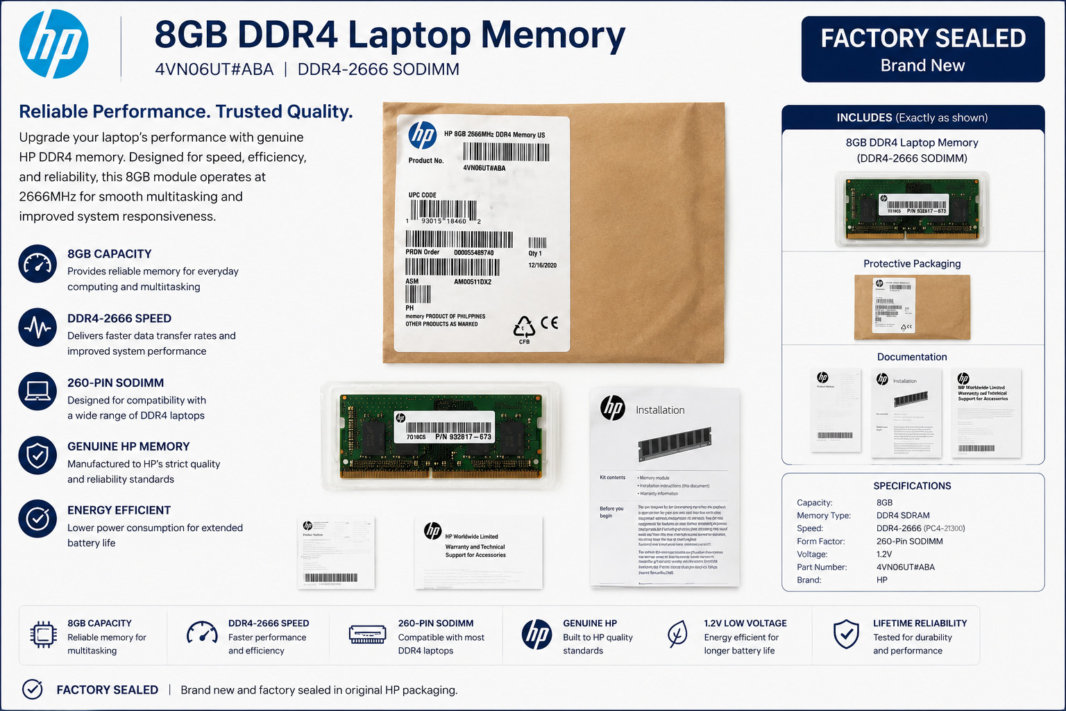 HP 8GB 1RX8 PC4-2666 DDR4 Laptop RAM So-DIMM Memory MTA8ATF1G64HZ - BRAND NEW