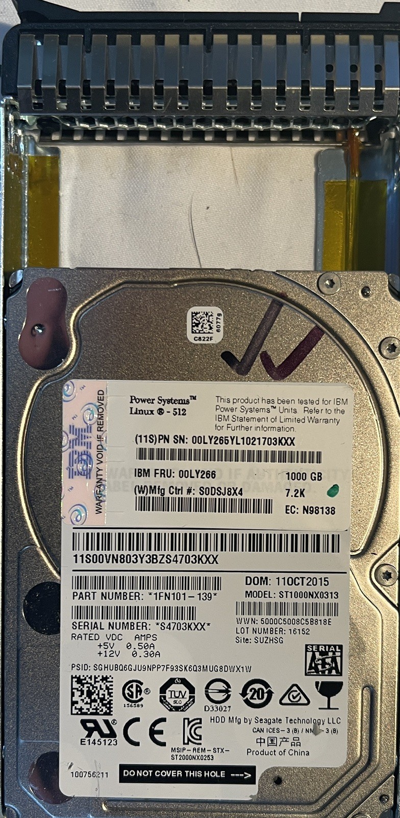 IBM 1000GB 7.5k HDD for Power Systems. AIX/Linux 512, IBM FRU00LY266 Used/Tested