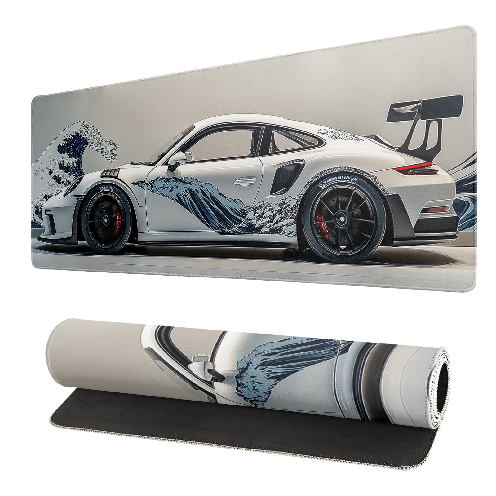 White Ukiyo-e Style Extended-31.5x11.8 Inch, Sports Car 