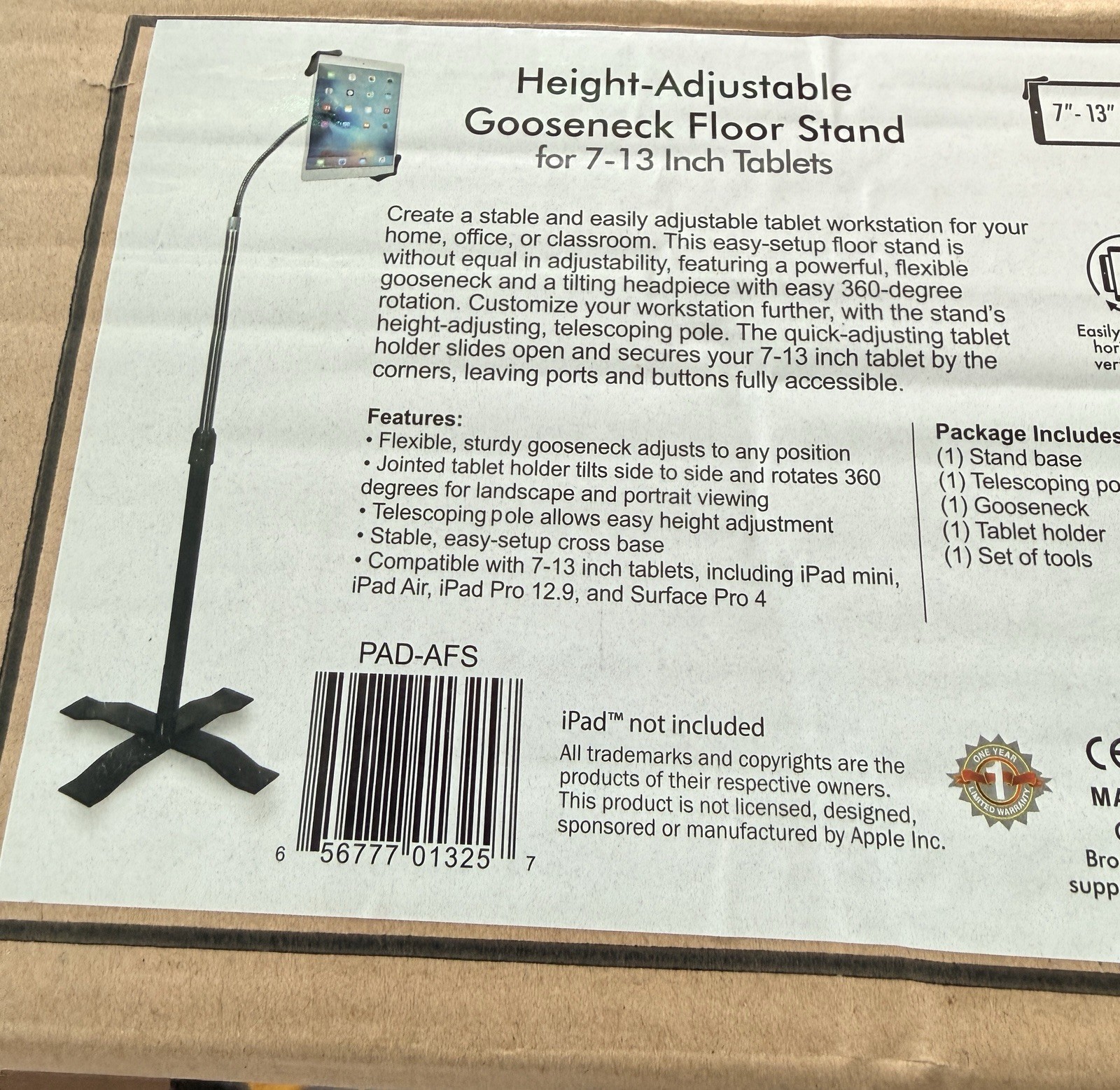 Cta Digital PAD-AFS Height-Adjustable Gooseneck Floor Stand for 7"–13" Tablets