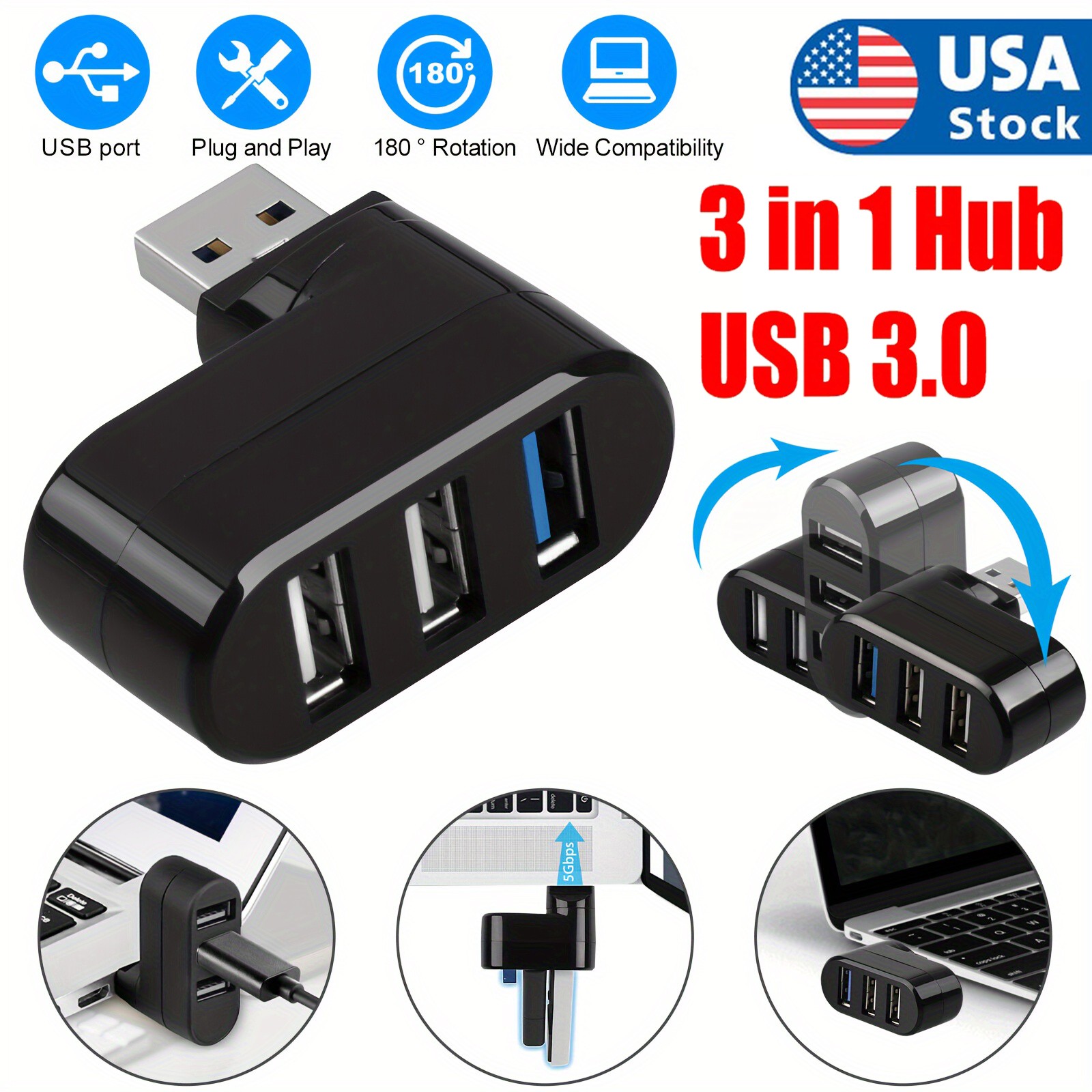 1/2x 3-Port USB Hub [90°/180° Degree Rotatable] USB Splitter USB Expander Multip