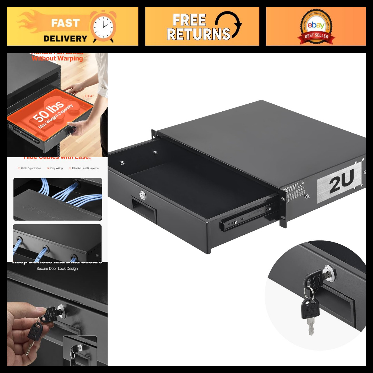Lockable 2U Rack Drawer for 19" Server Cabinet, 13.8" Depth, 50 lbs Max Load, Ca