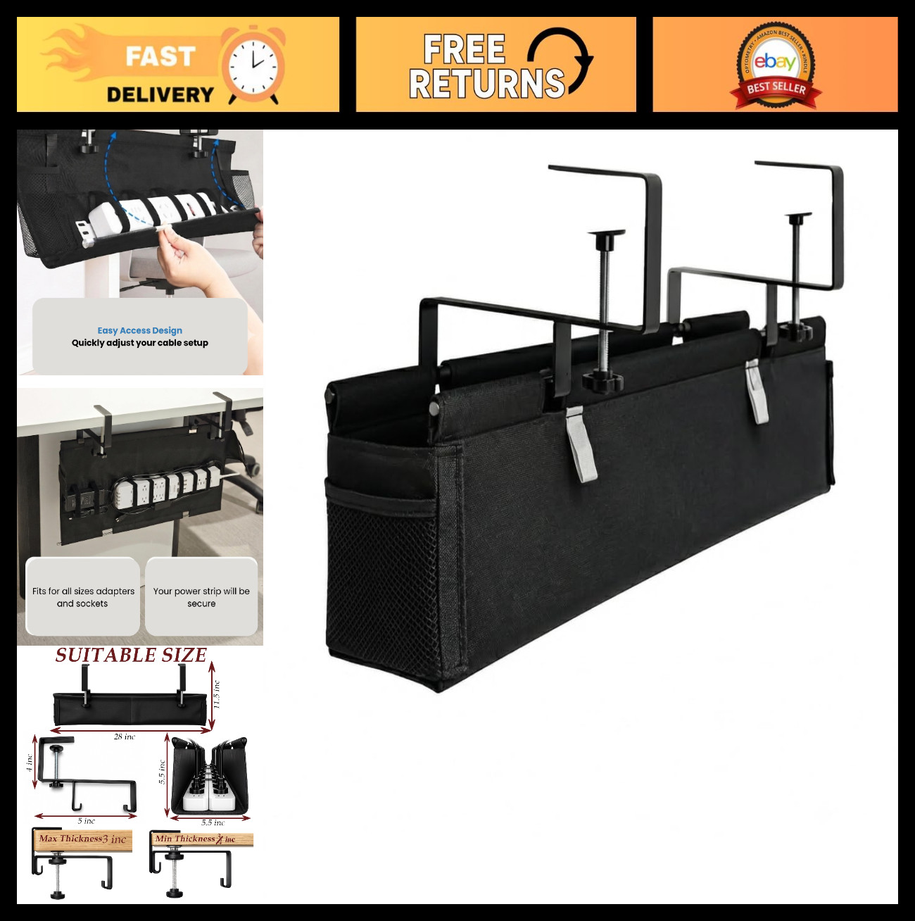 Under Desk Cable Management Tray - 28" No-Drill Fabric Cord Organizer, Clamp Mou