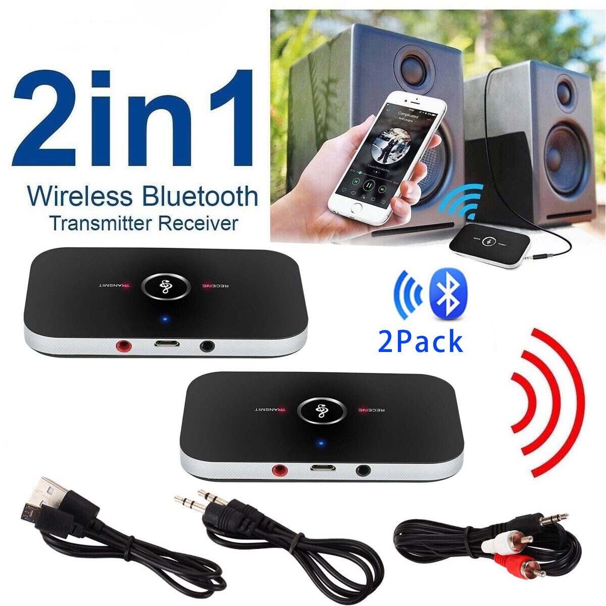 2Pack Bluetooth Transmitter Receiver For TV Home Car Stereo Audio Adapter New