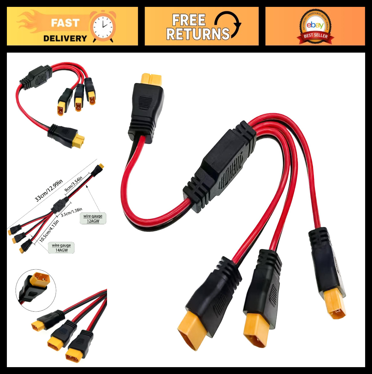 12AWG XT60 Y Splitter Cable 1 Female to 3 Male Parallel Connector Adapter for So
