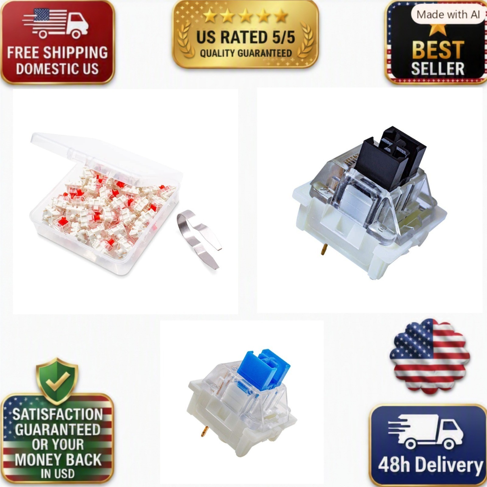 Outemu Red Mechanical Keyboard Switches 3-Pin Linear 45gf 32-Pack RGB