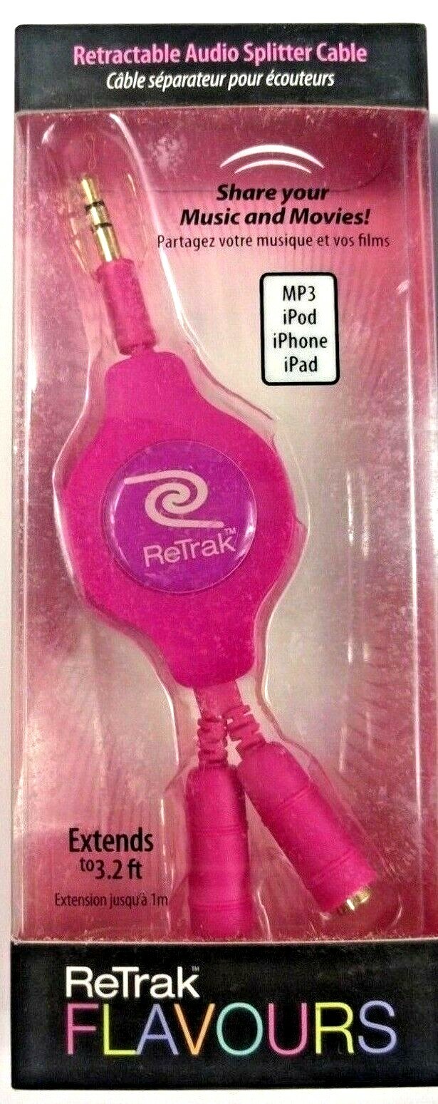 ReTrak Flavours 3.5mm Retractable Audio Splitter Cable Lot of 3 different colors