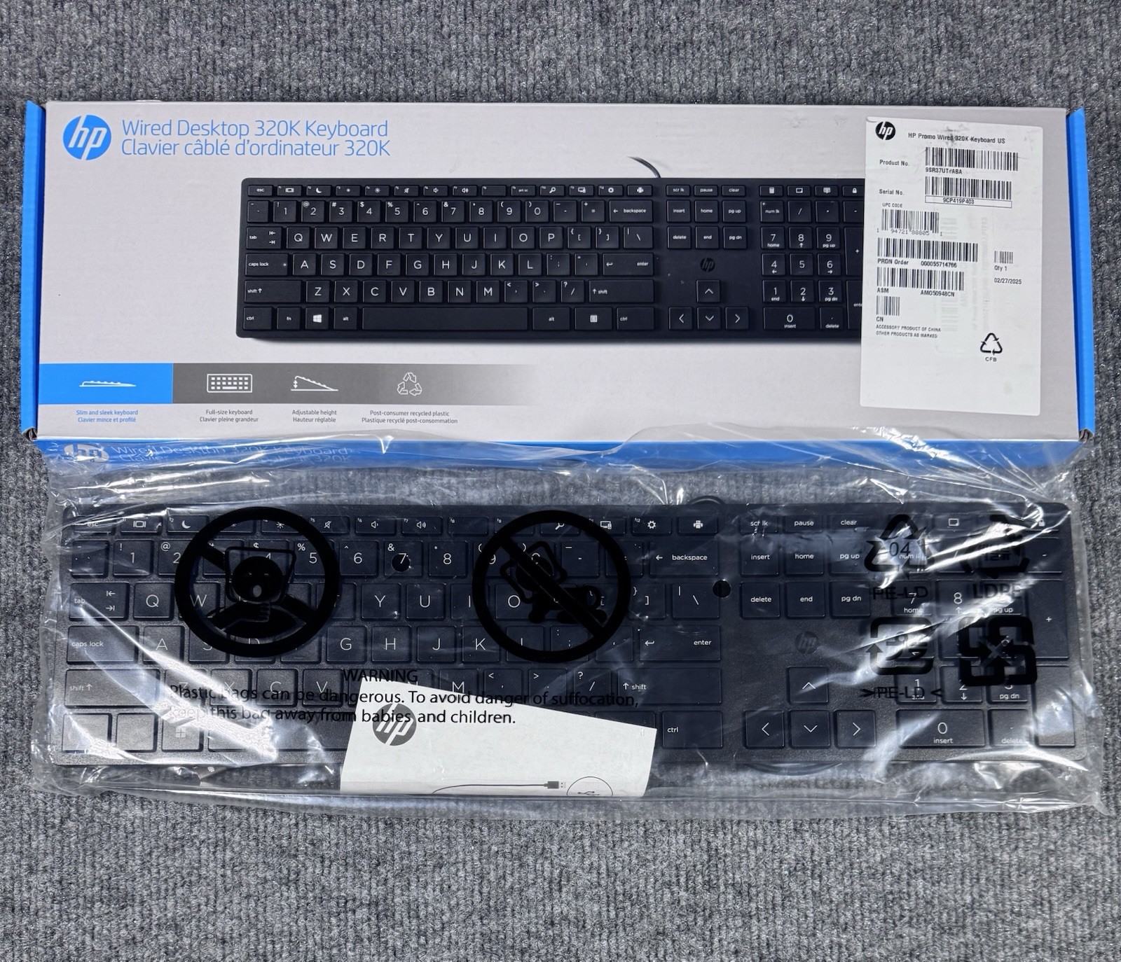 HP 320K Slim Wired Desktop Keyboard USB Black QWERTY English New Open Box