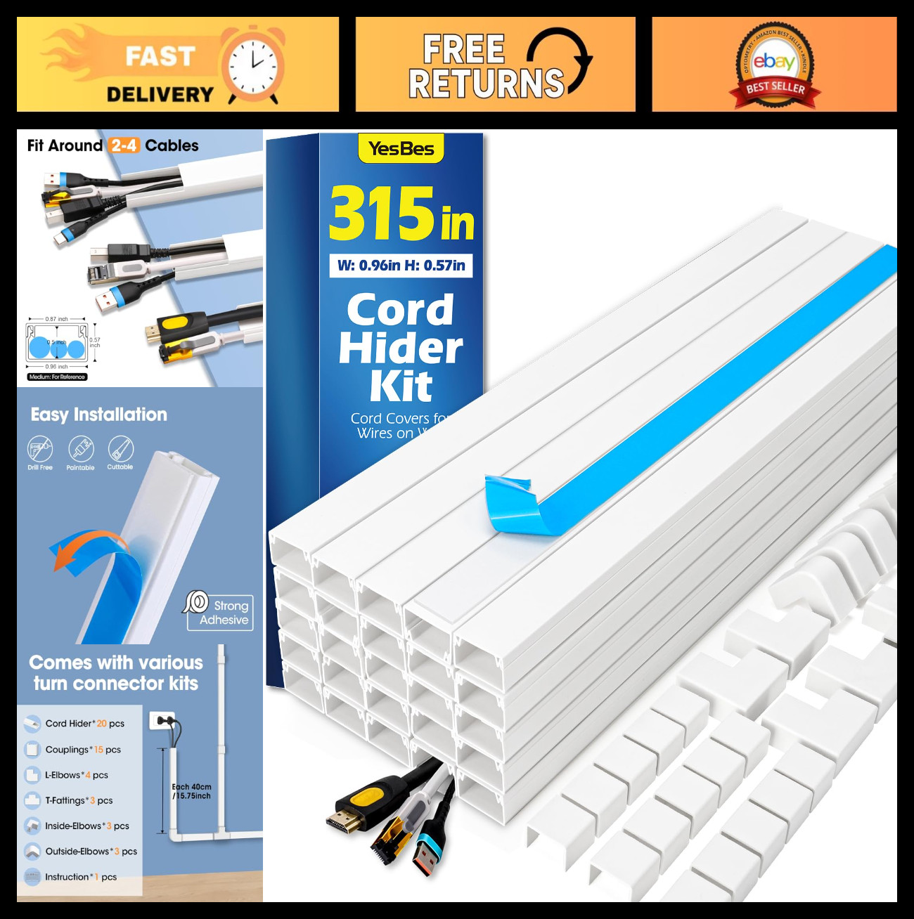 315in Paintable Cord Hider Kit - Wall Cable Raceway & Wire Covers for TV Cords