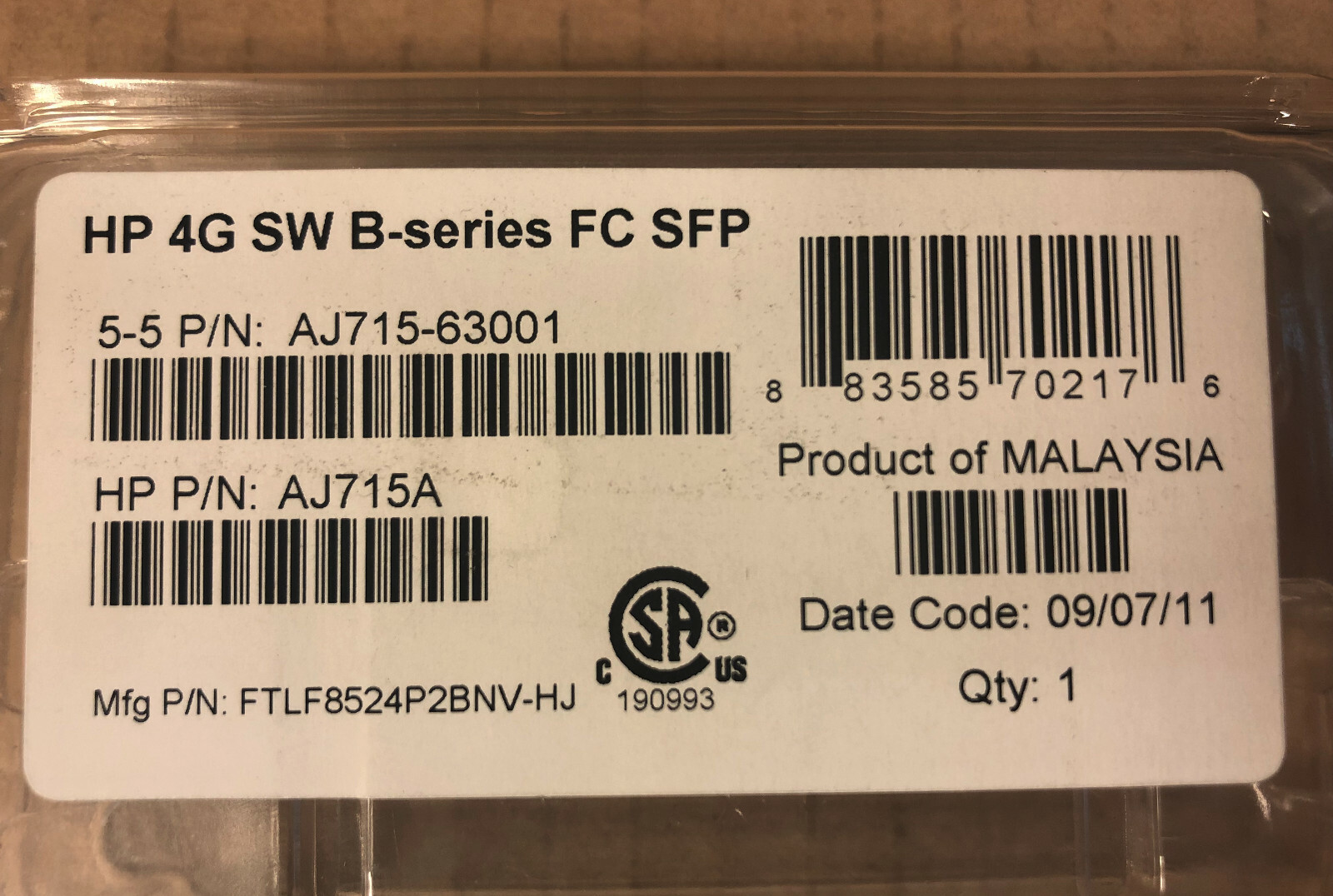 HP 4Gb SW Short Wave SW AJ715A B-Series FC Fibre Channel Transceiver SFP